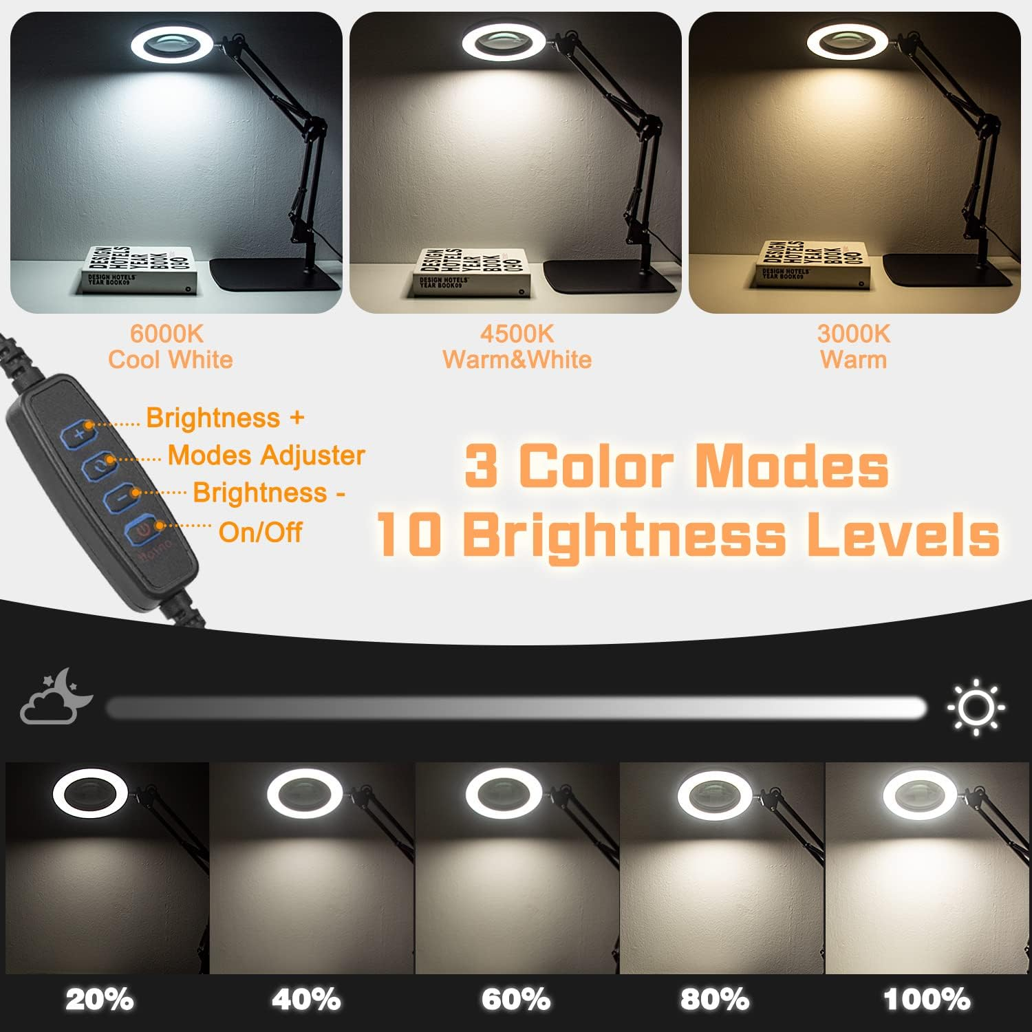 Cenawin 2-In-1 Magnifying Glass with Light and Stand, 15X 10X LED Magnifying Lamp with Clamp and Base, Desk Lamp with 3 Colour Modes, Dimmable, LED Magnifying Lamp for Hobby Crafts, Workplace Lamp image number 6