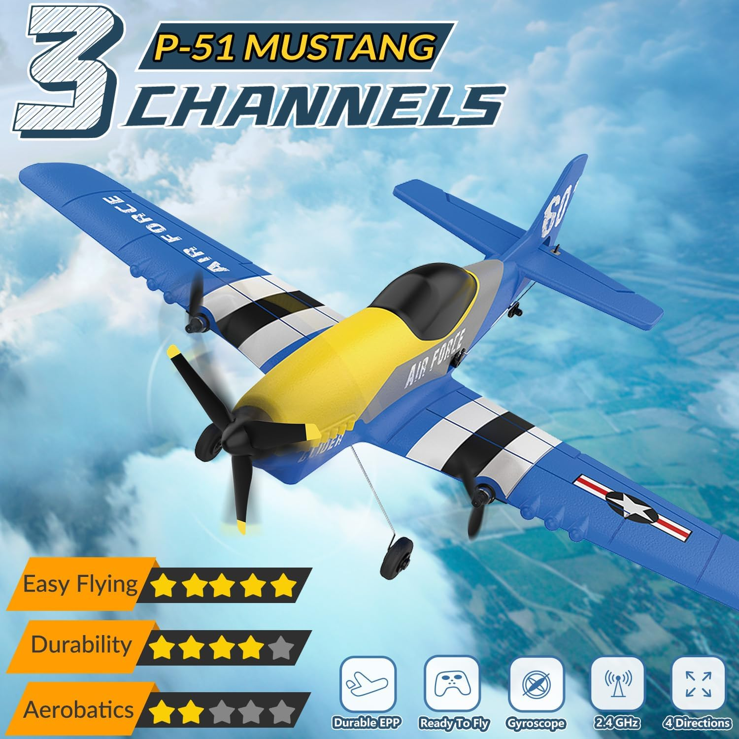 HAWK'S WORK 3 Channel RC Plane P-51D Mustang, Remote Control Airplane Ready to Fly, 2.4Ghz 6-Axis Gyro Stabilizer, Easy to Fly for Kids & Beginners - 3Ch-Blue image number 3