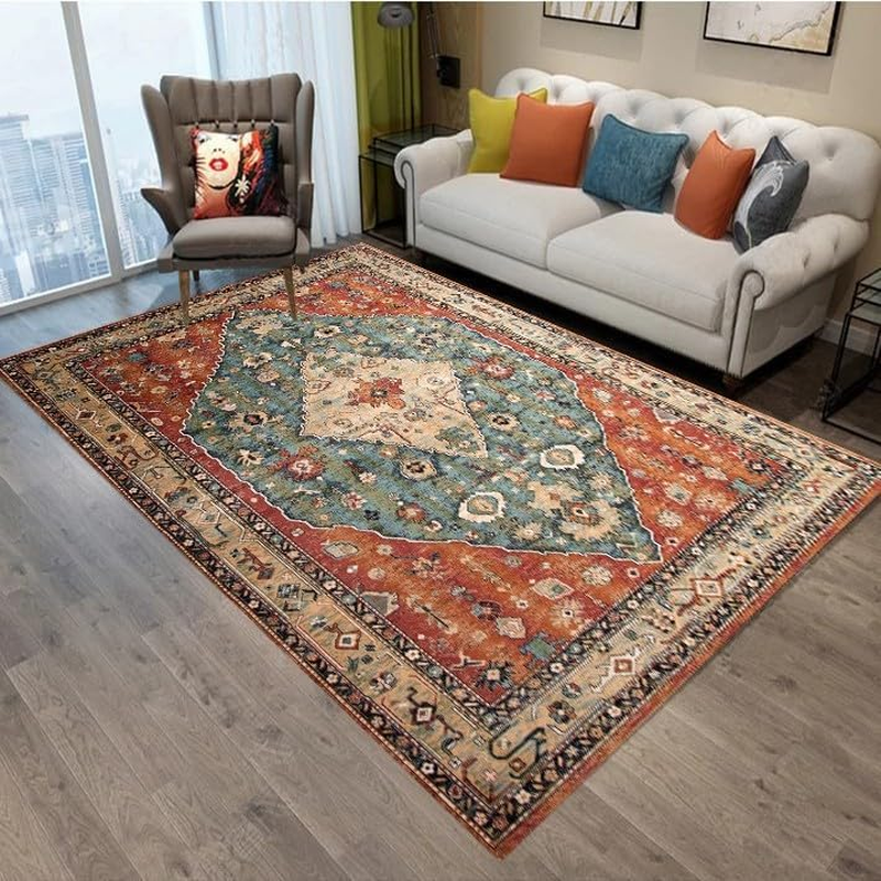 120 * 80Cm Washable Rugs for Entryway, Faux Wool Vintage Throw Rug for Entrance Kitchen, Soft Boho Floor Covering Carpet Retro Distressed Medallion Mat Traditional Interiors (07)
