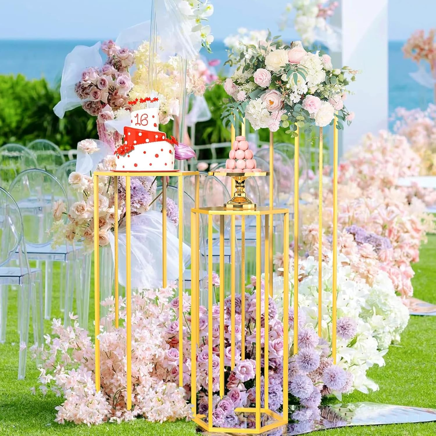 Hexagon Pedestal Stand for Party, round Cilindros Para Flower Plant Fiestas, Metal Display Cylinder Cake Tables Stands for Parties Wedding Birthday Living Room Patio Decor, Gold Set of 3 image number 4
