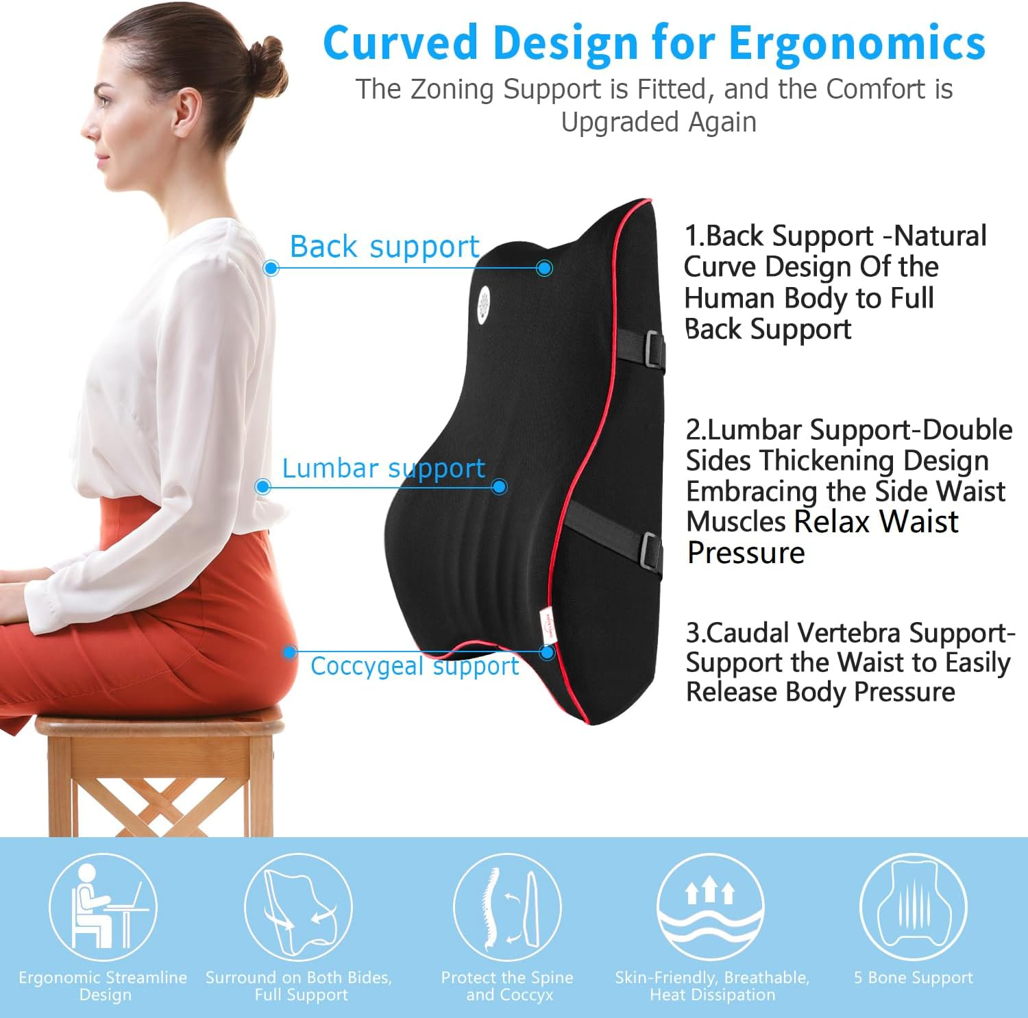 Lumbar Support Pillow,Memory Foam Back Support for Office Chair,Computer Chair,Car Seat,Recliner and Couch with Breathable 3D Mesh Cover,Ergonomic Design Orthopedic Backrest (Blue) - Blue image number 3