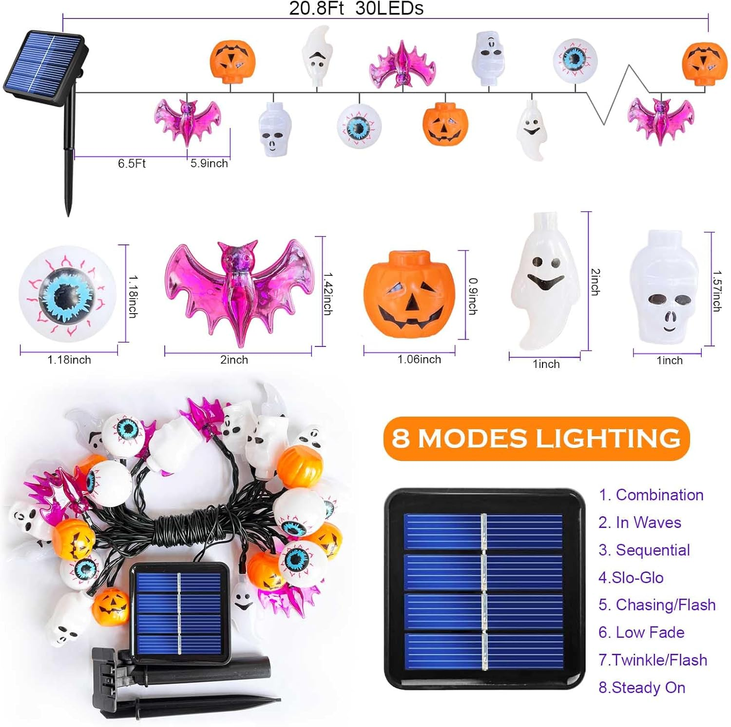 2024 Newset 5-IN-1 Solar Halloween String Lights for Outdoor Decor, Spooky Skull Bat Ghost Eyeball Pumpkin Lights for Halloween outside Window Door Golf Cart Camper Balcony Porch Railing Decorations image number 5