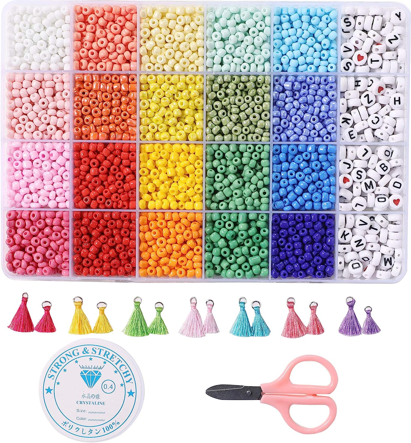 Miss Rabbit Jewelry Making Kit 4 Mm Glass Seed Beads for DIY Bracelet Making Kit for Kids Girls Adults Crafts Alphabet Letter Beads for Friendship Bracelet Elastic String Charms Tassel