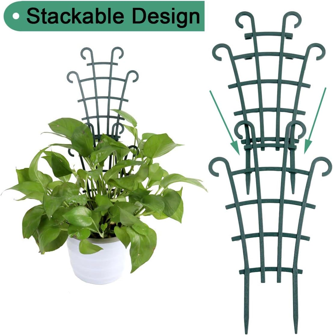 12 Pack Trellis for Potted Plants, Garden Climbing Plant Support, Plastic Mini Flower Pots Stackable Trellis for Peas, Dark Green image number 3