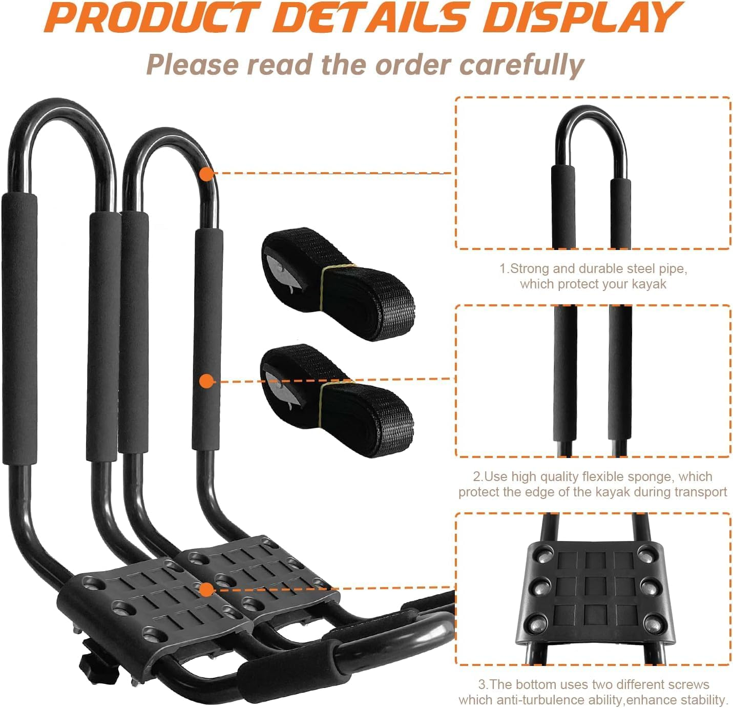 Kayak Roof Rack &ndash; Heavy Duty Canoe Carrier for Suv/Trucks | 75Lb Capacity | Anti-Rust Alloy Steel | Includes 2 Tie-Down Ropes | Fits Most Crossbars (Excludes Some Models) image number 3