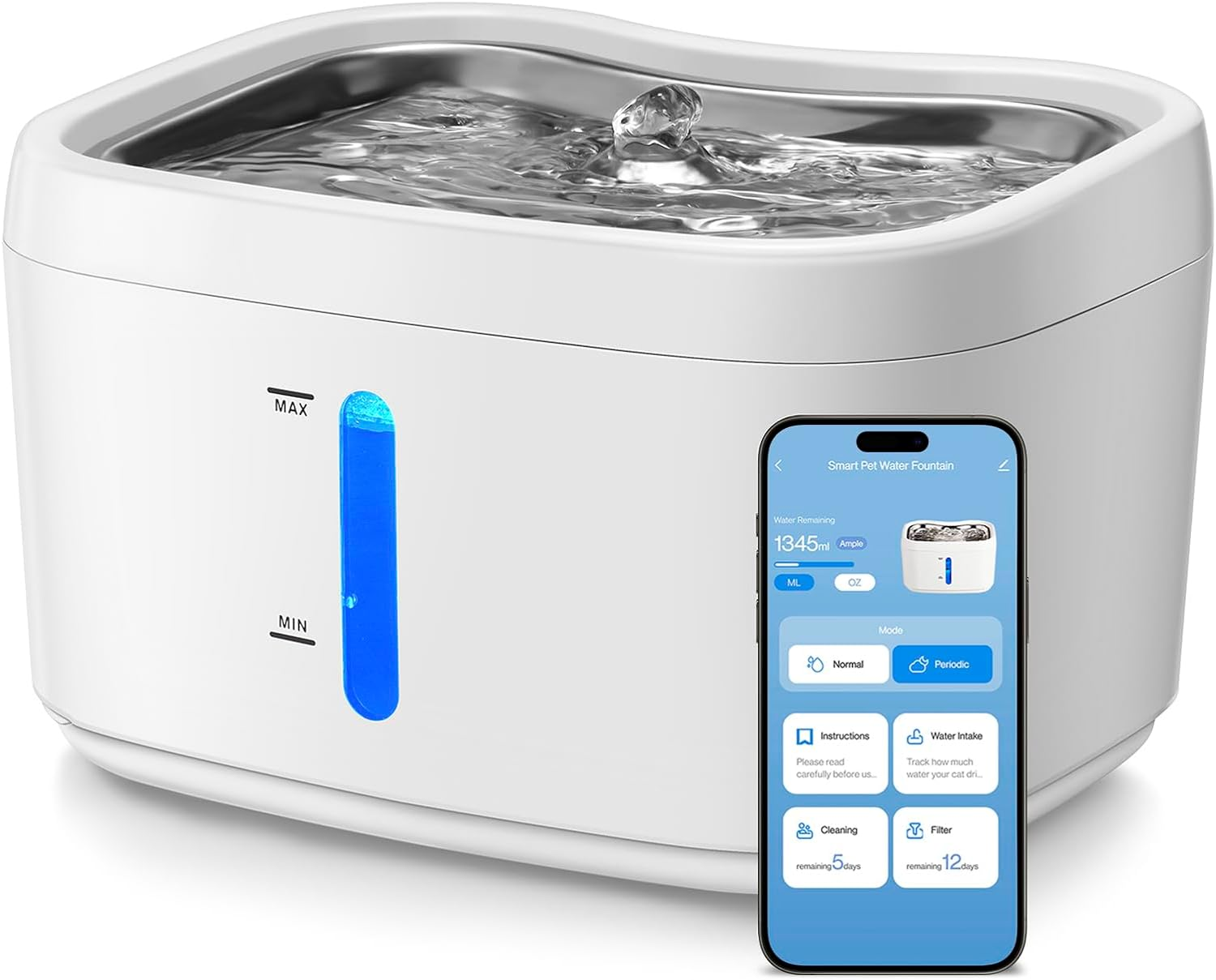 APP Monitoring Cat Water Fountain with Wireless Pump, 2.5L/84Oz Pet Water Fountain for Cats Inside, Automatic Cat Water Dispenser with 2.4Ghz Wifi,App Control (Cat Water Fountain) image number 2