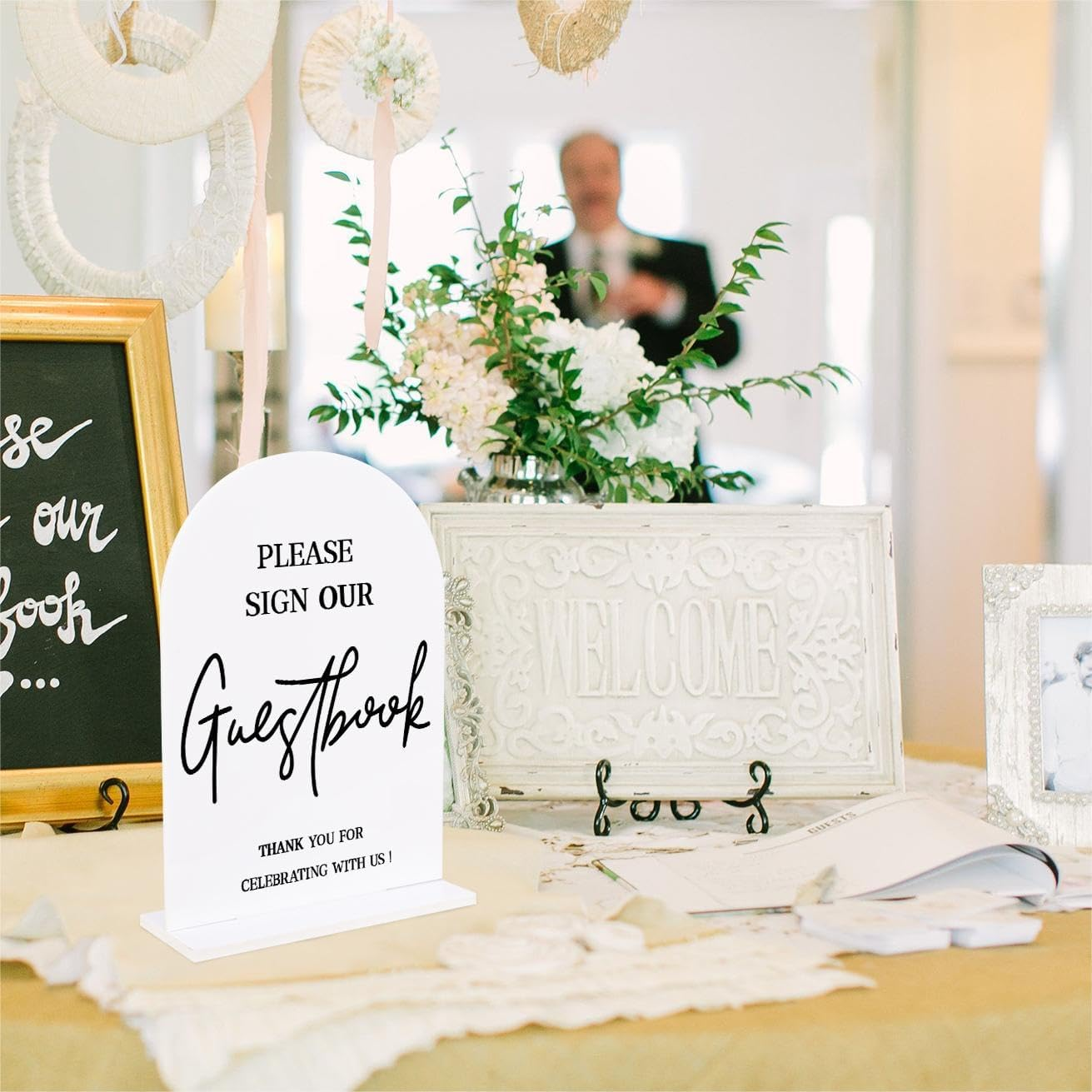 KOSKIMER 2 Pcs White Acrylic Wedding Signs for Ceremony and Reception, 5X7 Inch Wedding Gift Table Sign, Acrylic Guest Book Sign, Cards and Gifts Sign for Wedding, Wedding Reception Signs with Holder image number 4