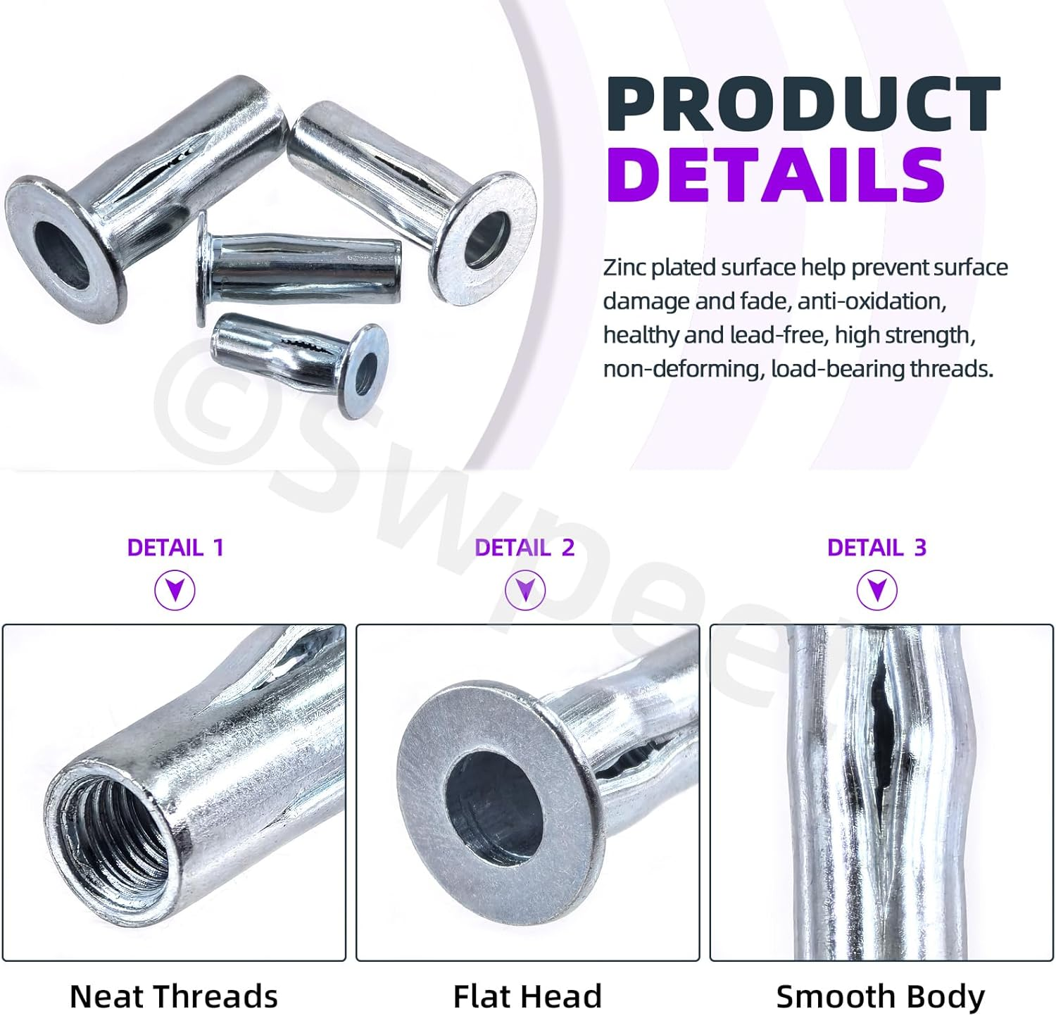 Swpeet 20Pcs M4 Metric Carbon Steel White Zinc-Plated Multi-Grip Rivet Nuts plus Nuts Rivnuts Kit, Bulbed Shank Flat Head Threaded Insert Nut Construction Fasteners for Industrial image number 4