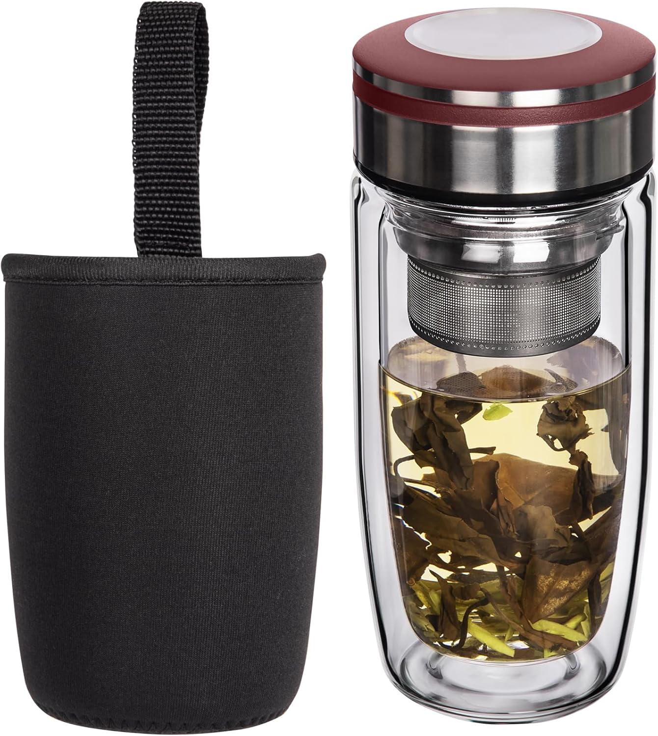 13Oz Double Wall Glass Water Bottle with Tea Infuser, Tea Tumbler with Strainer,Reusable Travel Mug with Neoprene and Stainless Steel Lid