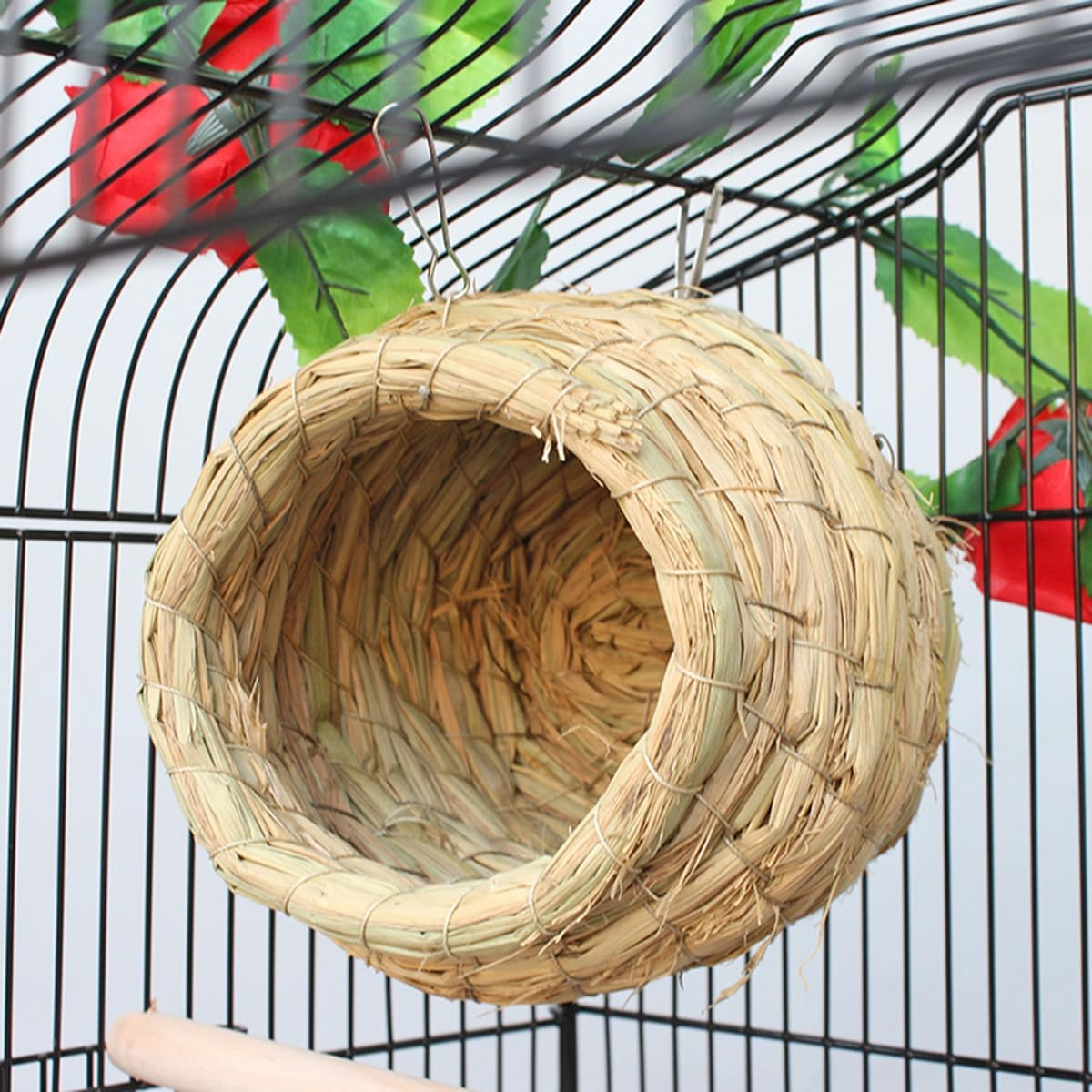 Hanging Straw Bird Nest Natural Fiber Birdhouse for Cage Warm Parrot Hideaway Shelter Hut for Small Finch Canary Lovebird Resting Breeding Playing image number 6