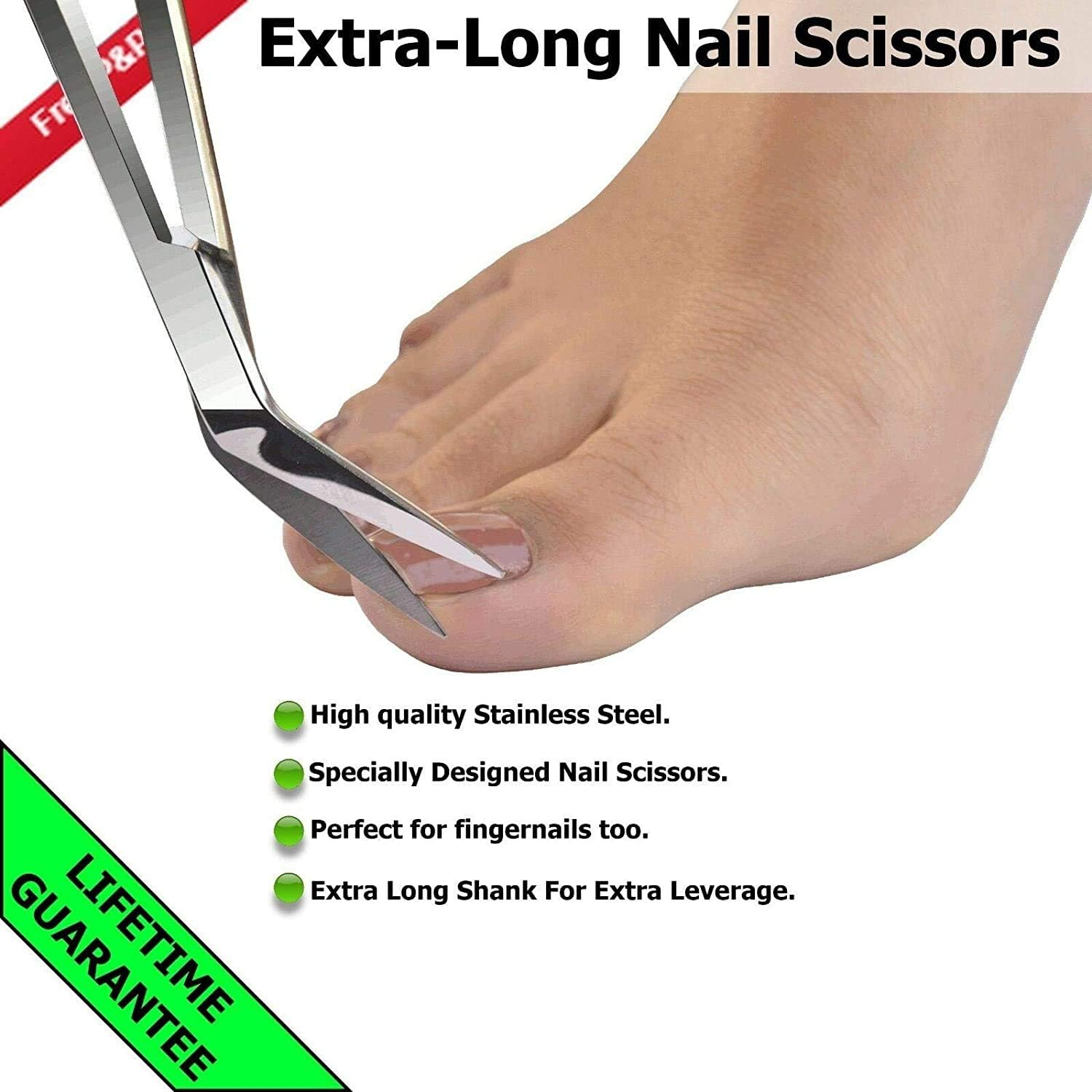 YNR Toe Nail Scissors + Clippers Extra Long Reach Handle Kelly Scissors Surgical Stainless Steel Pedicure Chiropody CE (Plain Silver)