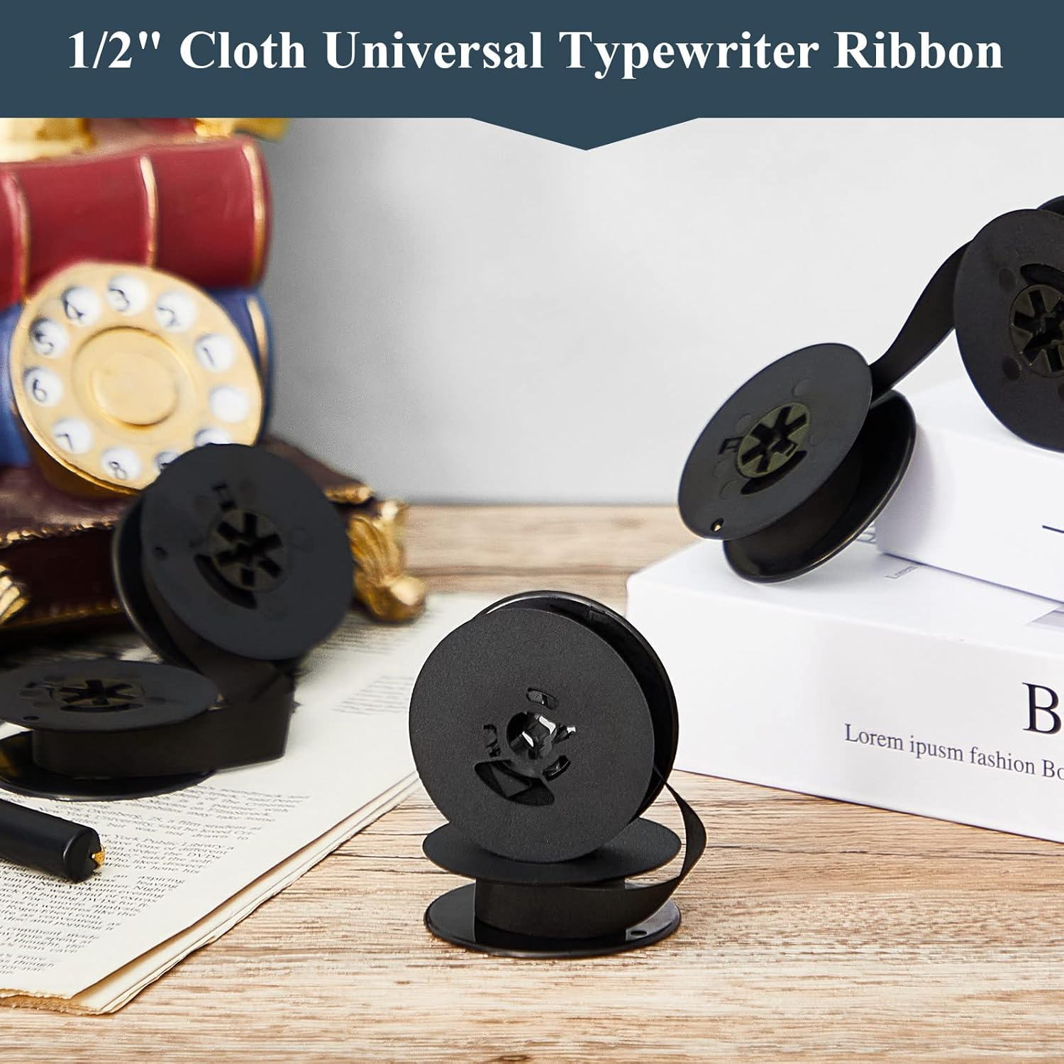 Seajan 4 Pairs Universal Dual Shaft Typewriter Ribbon Vintage Typewriter Ribbon, 1/2 Cloth for Most Machines(Black) - Black image number 4