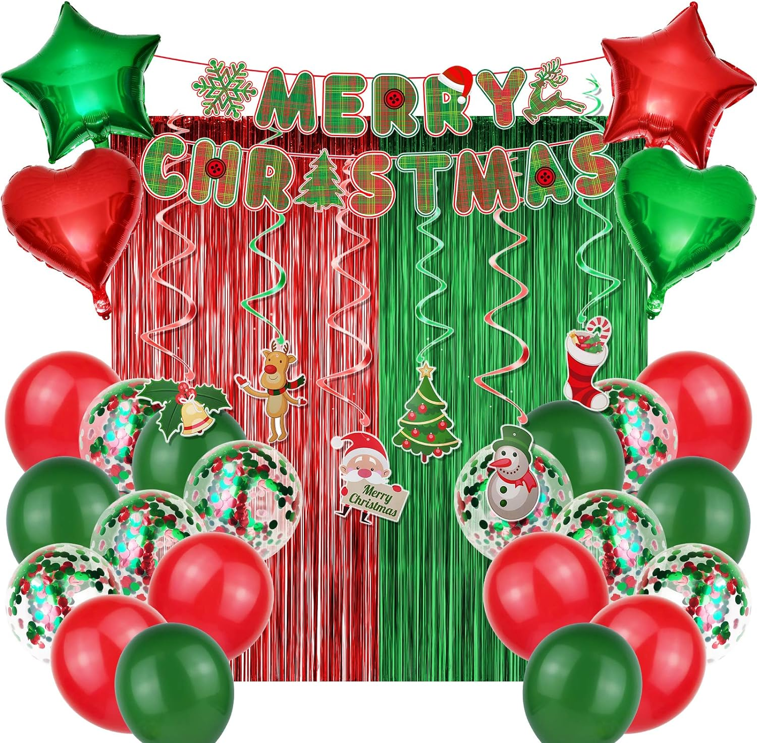 Party Decoration Supplies - Christmas Balloons, Merry Christmas Banner, Hanging Swirls, Red and Green Metallic Fringe Curtains for Holiday Decor