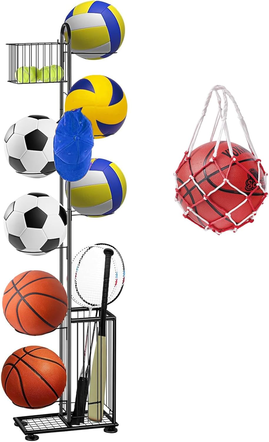 Basketball Rack,Sports Equipment Organizer,7 Tier Standing Basketball Holder Garage Ball Storage for Volleyball Football Badminton,Indoor/Outdoor Ball Storage Rack with Baskets,Side Bin and Hooks image number 3