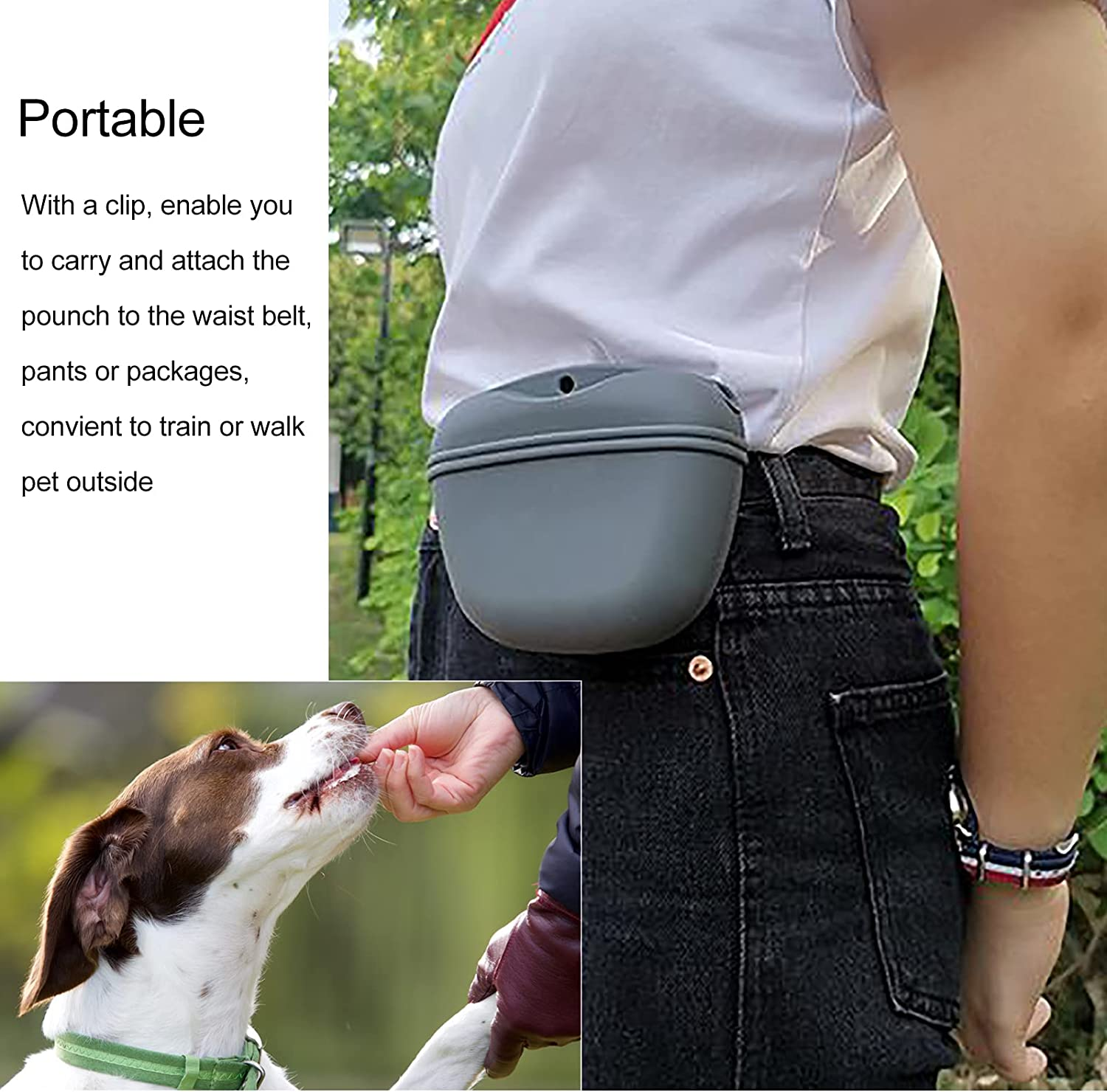 Pet Training Dog Treat Bag Pouch Silicone with Clip Waist Pack Feed Outdoor Dog Training Snack Bag Gray image number 3