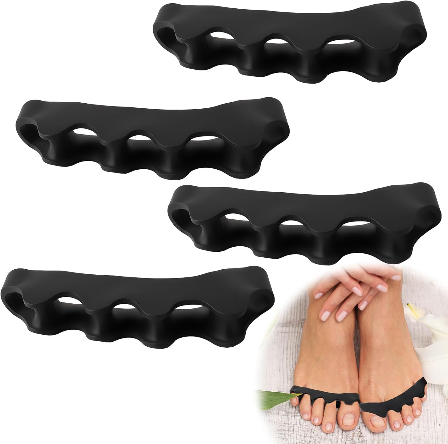 2 Pairs Silicone Toe Separators, Feet Gel Spacers to Correct Bunions and Restore Toes, Yoga Training Therapeutic Relief Pain Hammer & Claw Toe Flamingo Feet Corrector for Women & Men (Black) image number 6