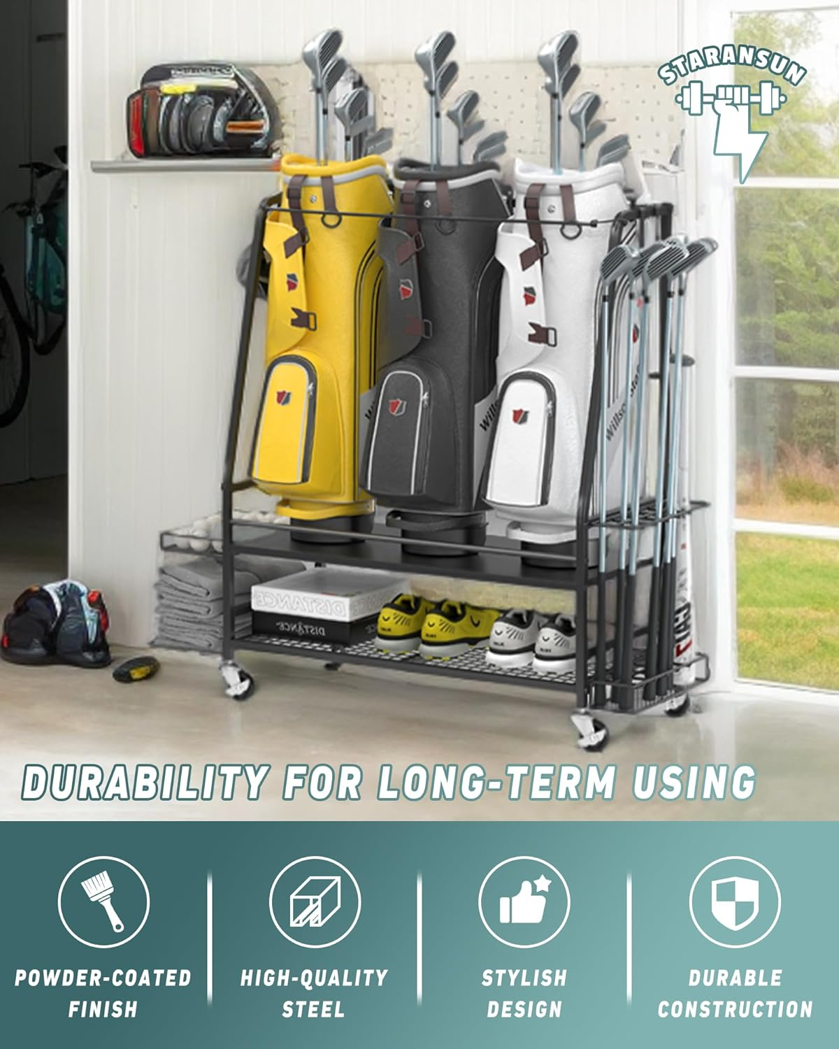 Golf Bag Storage Garage Organizer for 3 Golf Bags - Golf Bag Storage Rack for Garage - Golf Bag Organizer with 2 Side Shelves, Clubs Holder and Wheels - Golf Organizer for Golf Accessories image number 1