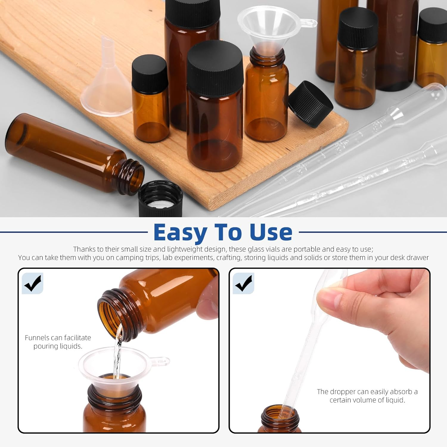 Glarks 38Pcs 5ML 10ML 15ML 20ML 30ML Brown Glass Vials with Black Screw Caps, Small Liquid Sample Vial, Leak-Proof Vial with Dropper and Small Funnel Set image number 1