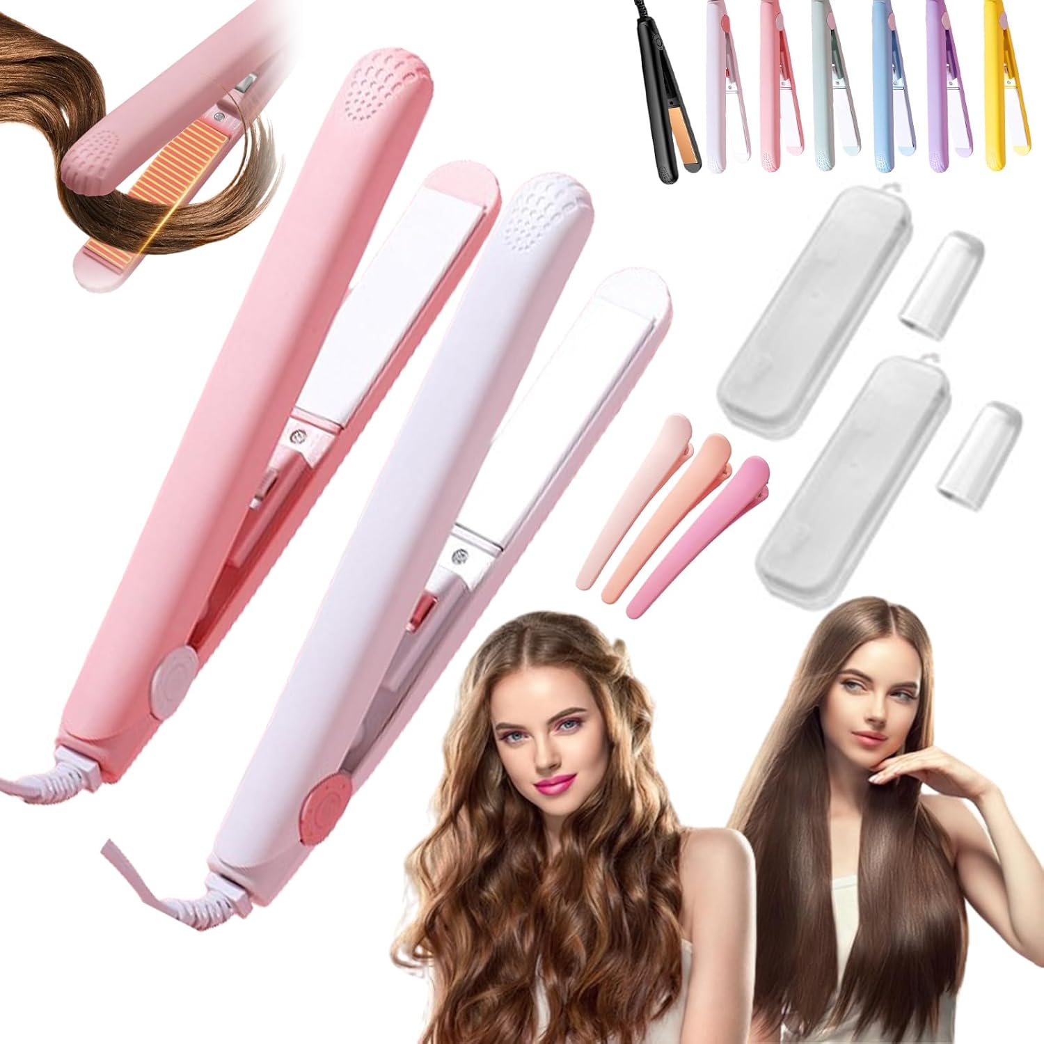 Portrayi Mini Dual-Purpose Curling Iron, Mini Curling Iron for Short Hair, Ceramic Mini Hair Curler, 2 in 1 Mini Hair Curler, Mini Curling Wand & Flat Iron Hair Straightener Travel Size (2Pcs-A)