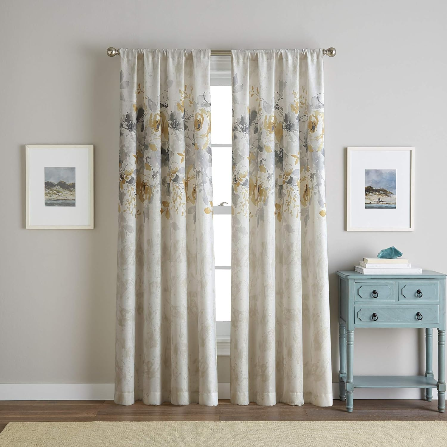 CHF Watercolor Floral Print Flip over Rod Pocket Single Curtain Panel, 95 In, Gold