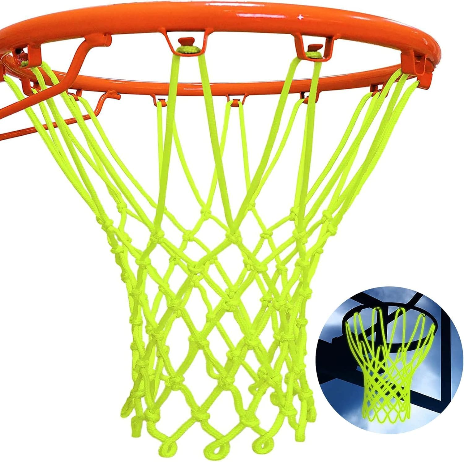 Basketball Net Outdoor, Upgraded Glow-In-The-Dark Basketball Net, Heavy Duty Basketball Net Outdoor, 12 Ring Standard Size Nightlight Basketball Sports Gift Sports School (Fluorescent Green) image number 1