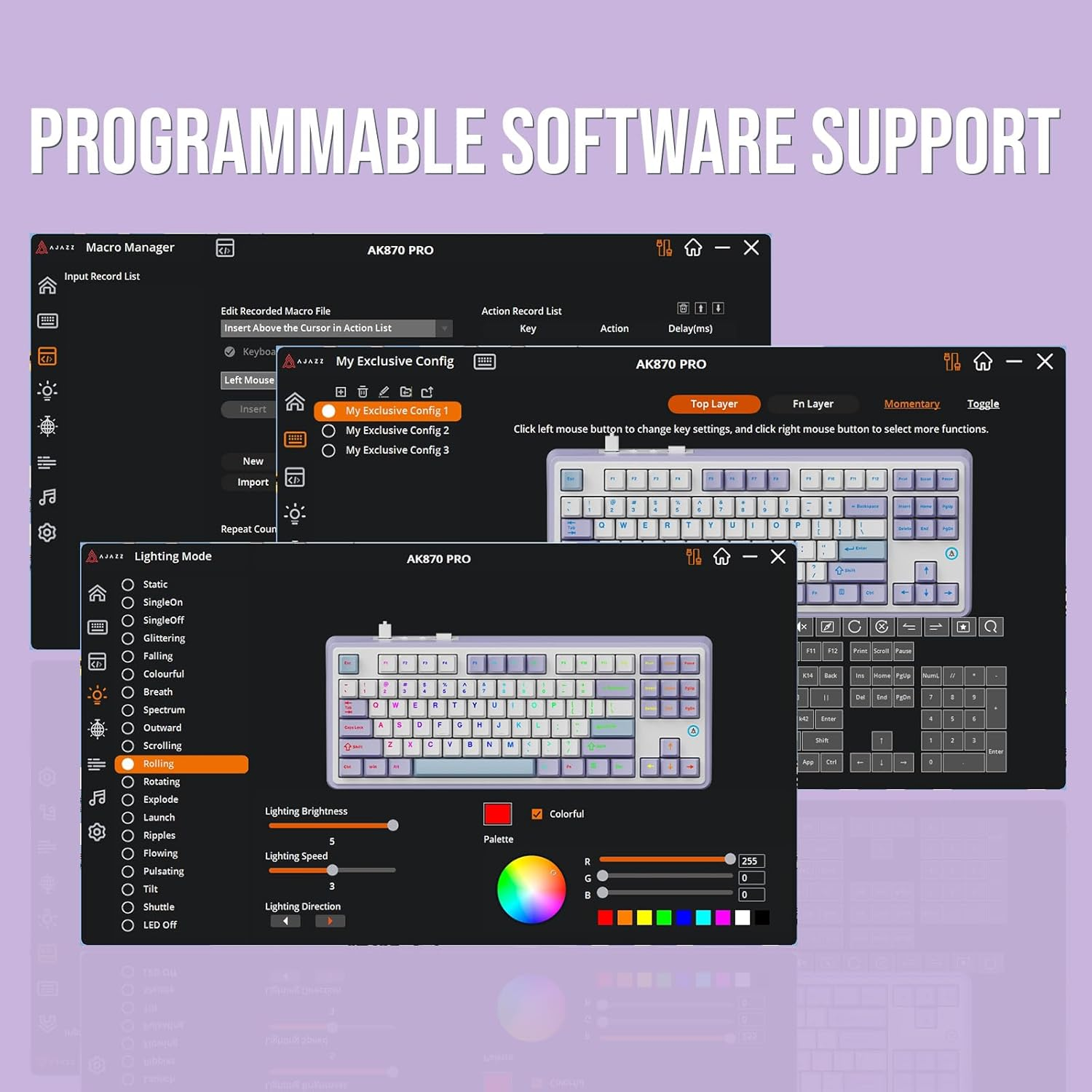 Mechlands Ajazz AK870 Gasket-Mounted Wireless Gaming Keyboard, 87 Keys Compact TKL Bt5.0/2.4Ghz/Usb-C Mechanical Keyboard, with 5-Layer Padding, Flex-Cut PCB for Win/Mac (Purple, Flying Fish Switch) image number 2