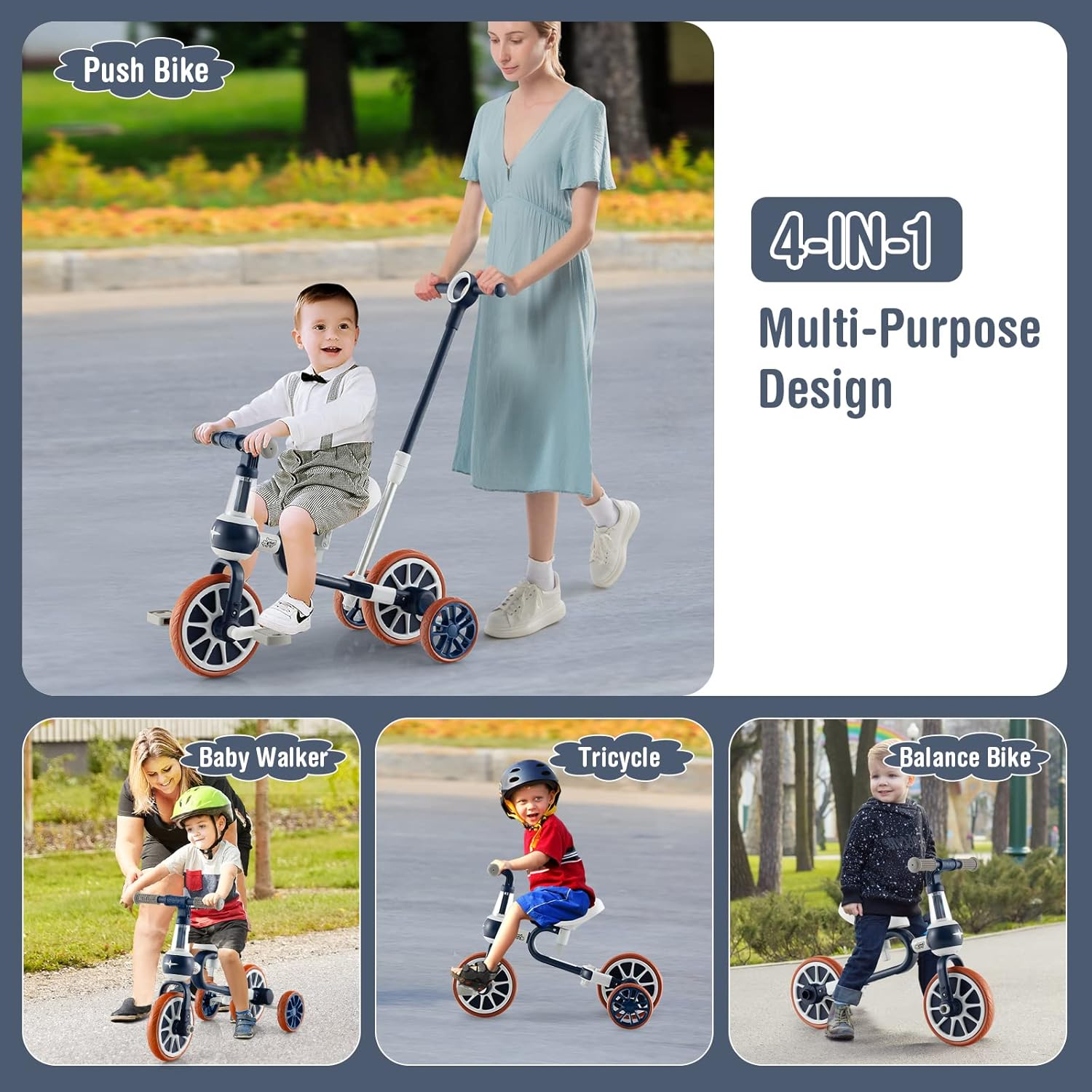 HONEY JOY 4-In-1 Baby Tricycle, Kids Training Balance Bike W/Adjustable Parent Handle, 2-Level Seat Height & Reversible Handlebar, Push Trike for Toddlers 3-4 Years Old (Dark Blue) image number 5