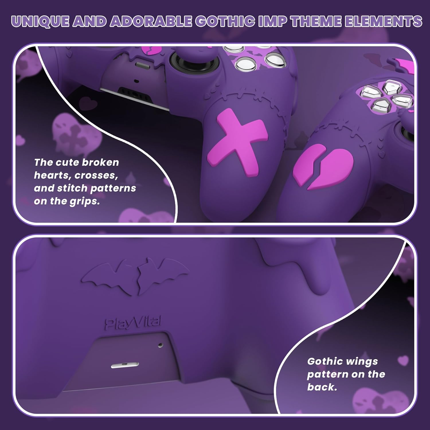 Playvital Gothic Imp Series Cute Silicone Case for Ps5 Controller with 4 Thumb Grips and 6 Stickers, Anti-Slip Silicone Skin Cover, Compatible with Ps5 Charging Station, Purple image number 6