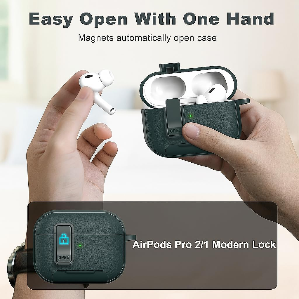 For Airpods Pro 2 Case with Secure Lock, Leather Texture TPU Material,Built-In Stand Function, Compatible with Airpods Pro Case (2023/2022/2019), Compatible with Wireless Charging, Green image number 1
