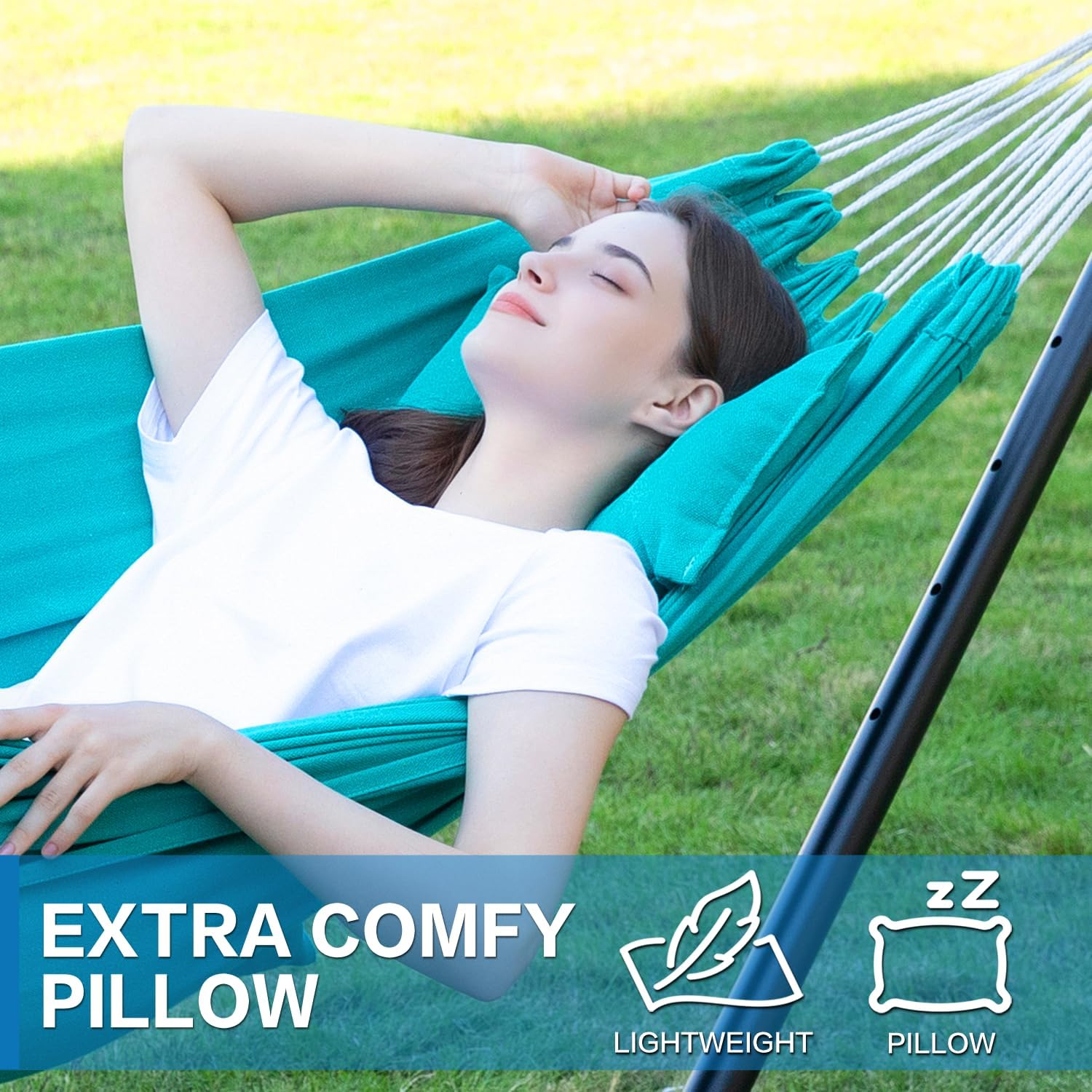 PNAEUT Double Hammocks with Stand for Outside, Portable Space Saving Heavy-Duty Steel Stand for Indoor Outdoor Patio with Carrying Bag, 450 Lbs Capacity (Aqua) image number 5