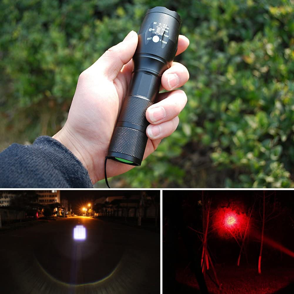 Red and White Light Handheld LED Flashlight, 2In1 Super Bright Zoomable Aluminum Alloy Torch for Camping Hiking Caving Indoor Outdoor image number 1