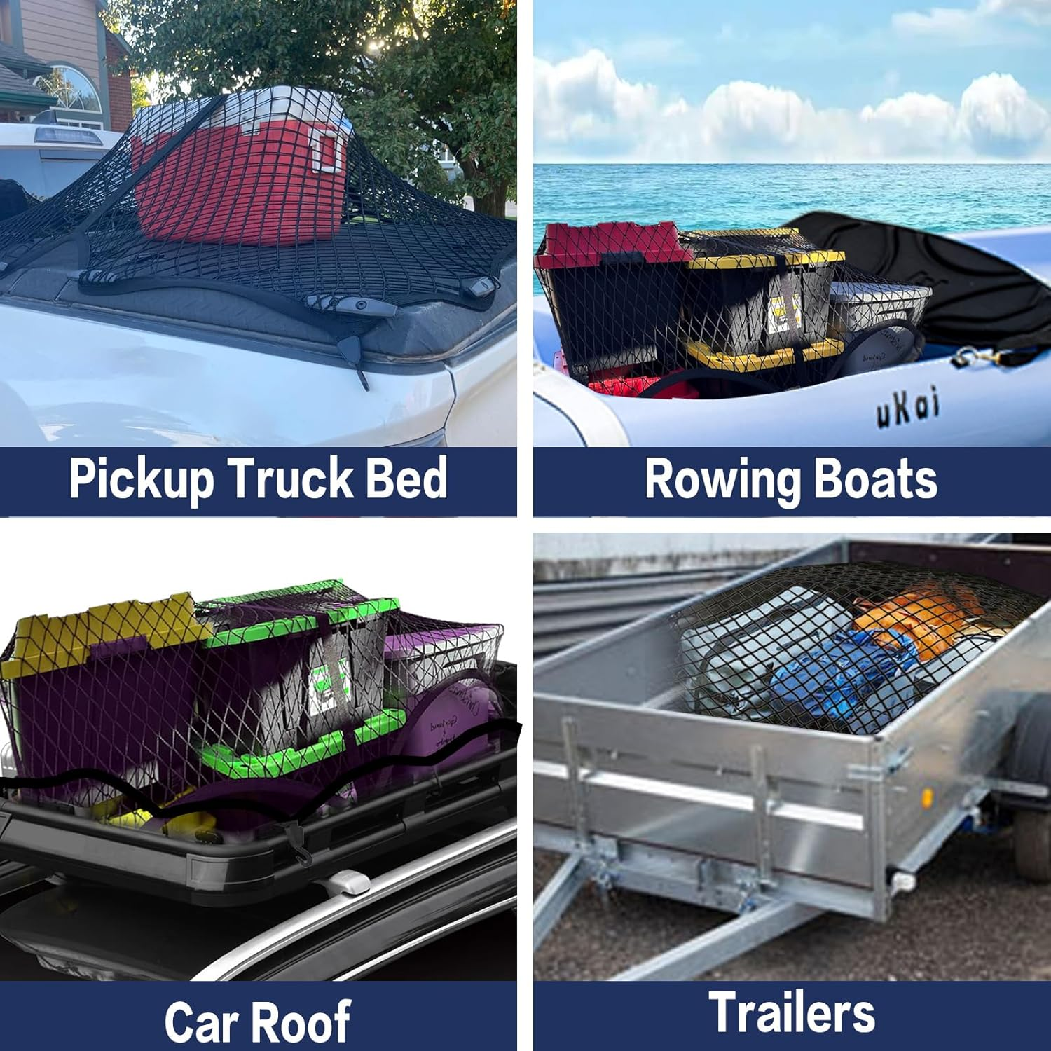 Cargo Net for Pickup Truck Bed Highly Elastic Cargo Storage Mesh Organizer with 4 Plastic Hooks and 6 Metal Carabiners, 4'X4' Stretches to 8'X 8&rsquo; | Single Layer image number 1