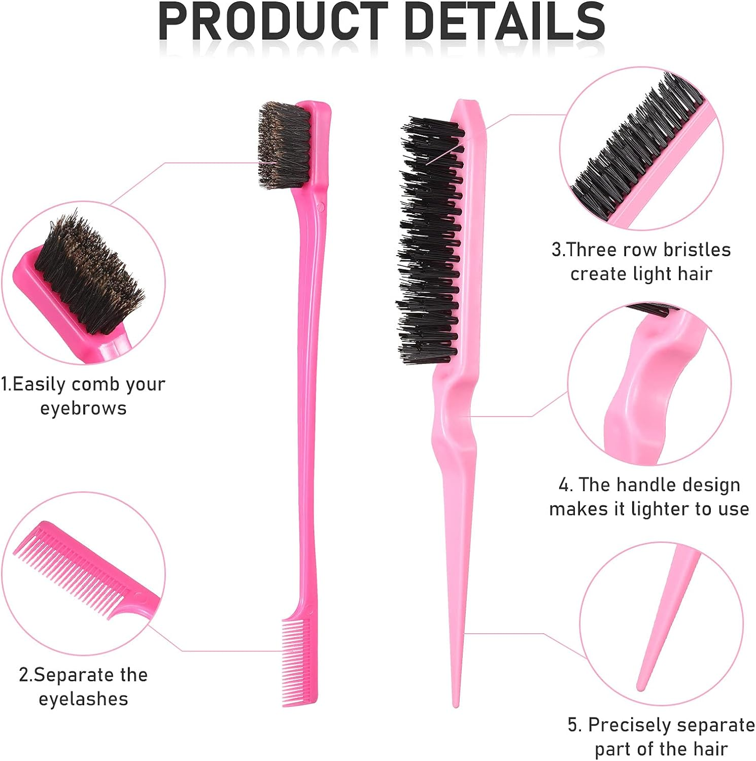Remerry 12 Pieces Hair Brush Set, Nylon Teasing Hair Brushes 3 Row Salon Teasing Brush, Double Sided Edge Smooth Comb Grooming, Rat Tail Combs with Duckbill Clips for Women(Pink) - Blue image number 4