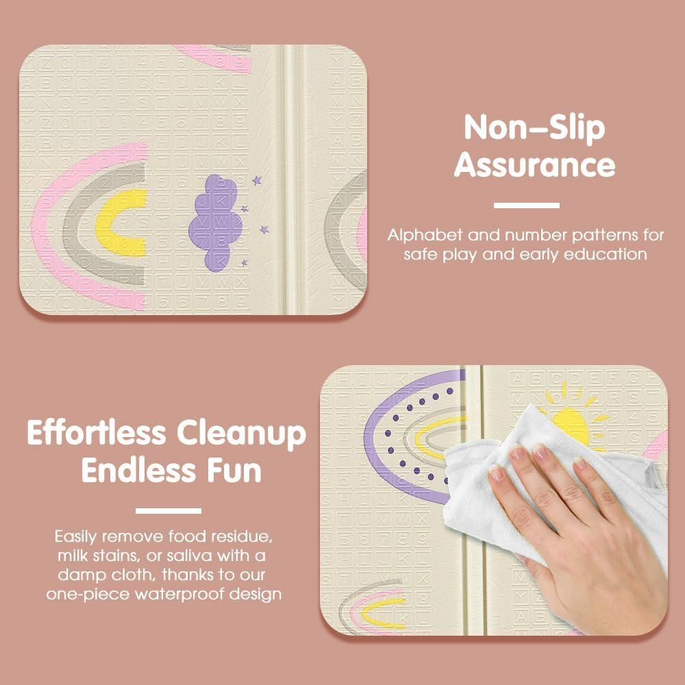 Playpals 200&times;180CM Foldable Baby Play Mat, Double-Sided Waterproof Playmat for Babies, Toddlers & Infants, Reversible Baby Mat with Travel Bag, Indoor and Outdoor Use, Rainbow+Tall Buildings