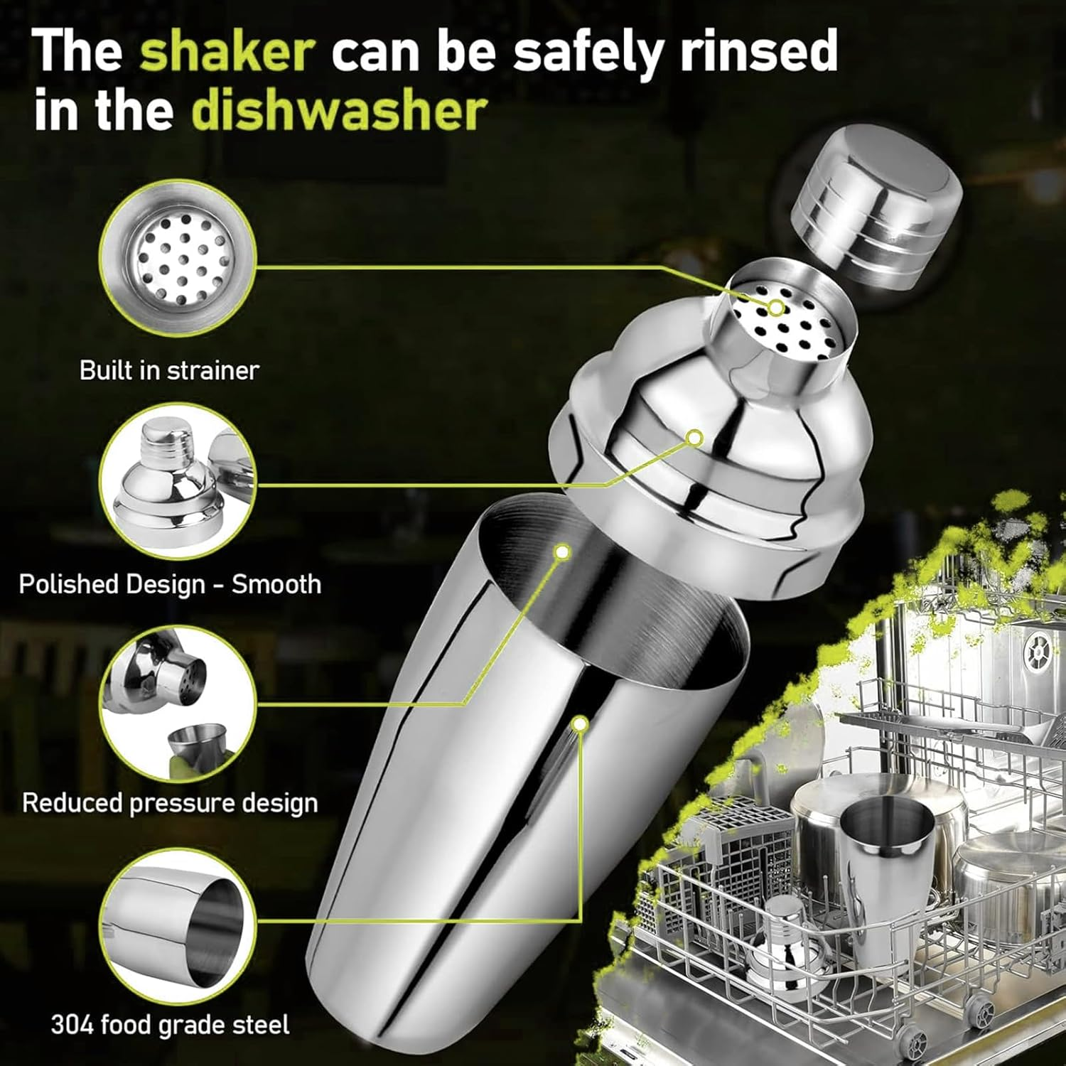 Cocktail Shaker, Martini Shaker with Strainer, Three-Piece 304 Stainless Steel, 550Ml Capacity, Thickened 0.6Mm, Food Grade, Leakproof Shaker for Home Bars, Parties, and Mixology