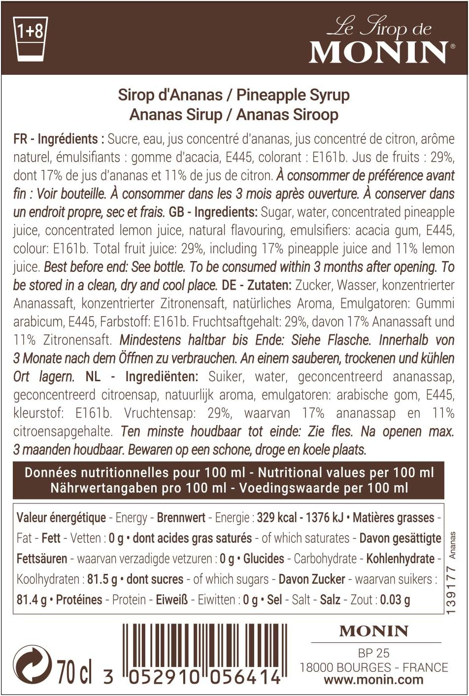 Monin Pineapple Syrup, 700 Ml (Pack of 1), 730628