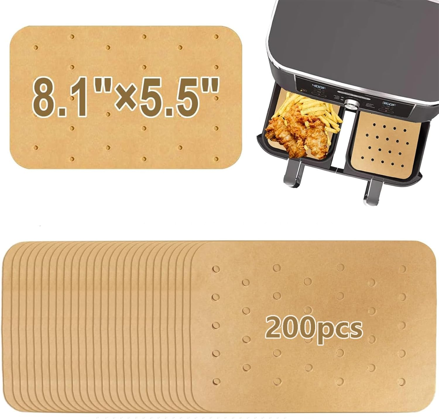 200Pcs Air Fryer Liners,Air Fryer Parchment Disposable Paper Liners for Ninja Foodi Dualzone 2-Basket Air Fryer DZ201 DZ401, Rectangle Non-Stick Perforated Baking Paper Airfryer Liners for Dual Basket image number 4