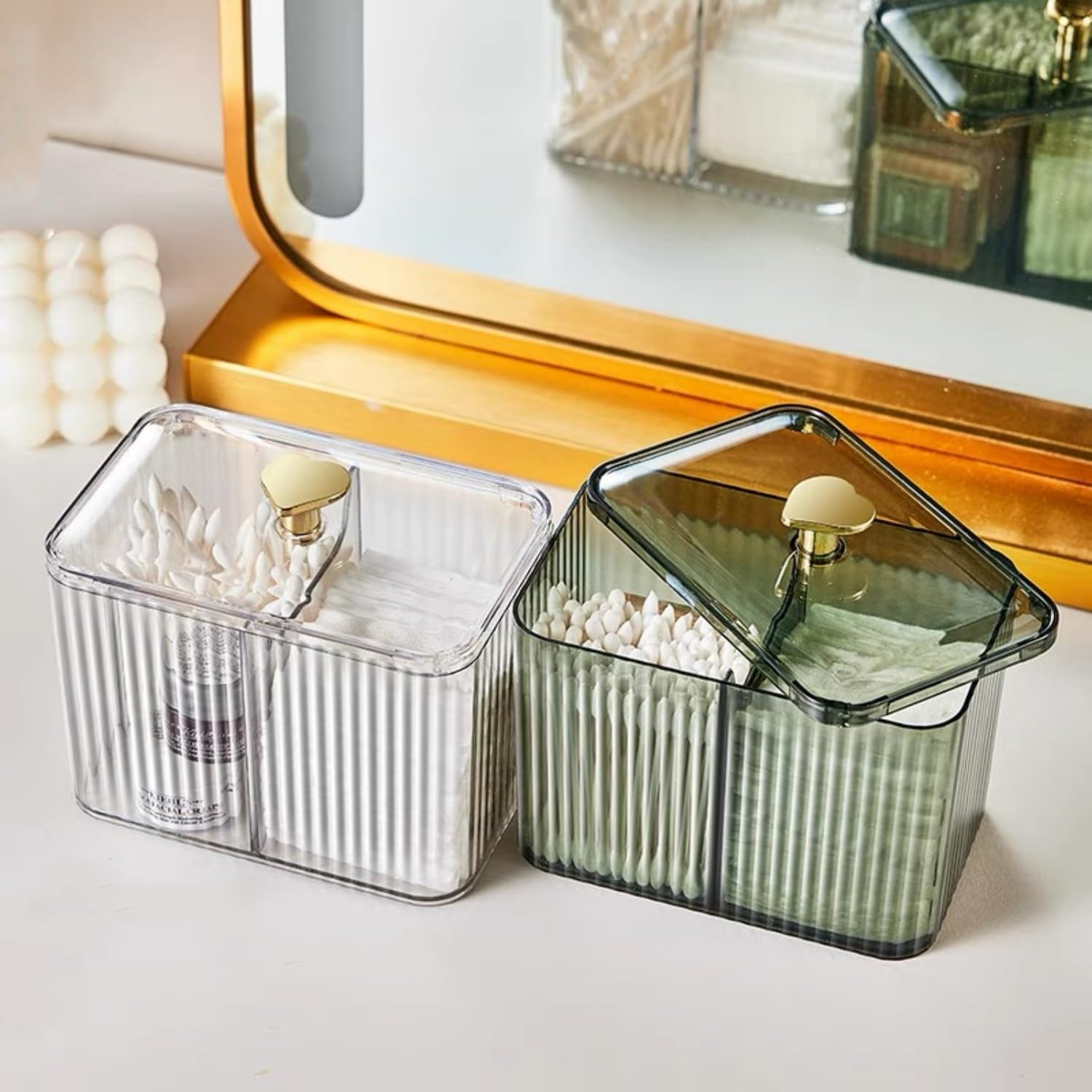 Qtips Holder Dispenser 3 Compartments Cotton Ball Holder Cotton Swabs Organizer Acrylic Bathroom Container with Lid for Swab Pads Cosmetics(Clear)