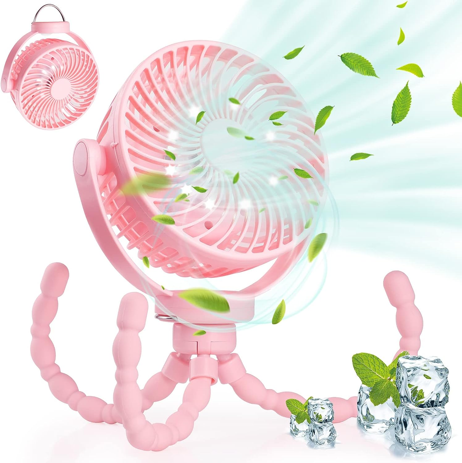 Hianjoo Stroller Fan with LED Light, 5200 Mah Desk Fan Silent Camping Fans with Hook 360&deg; Rotation Flexible Portable Rechargeable Electric Powerful Cooling Fan for Office/Camping/Car/Bbq/Gym, Pink image number 2