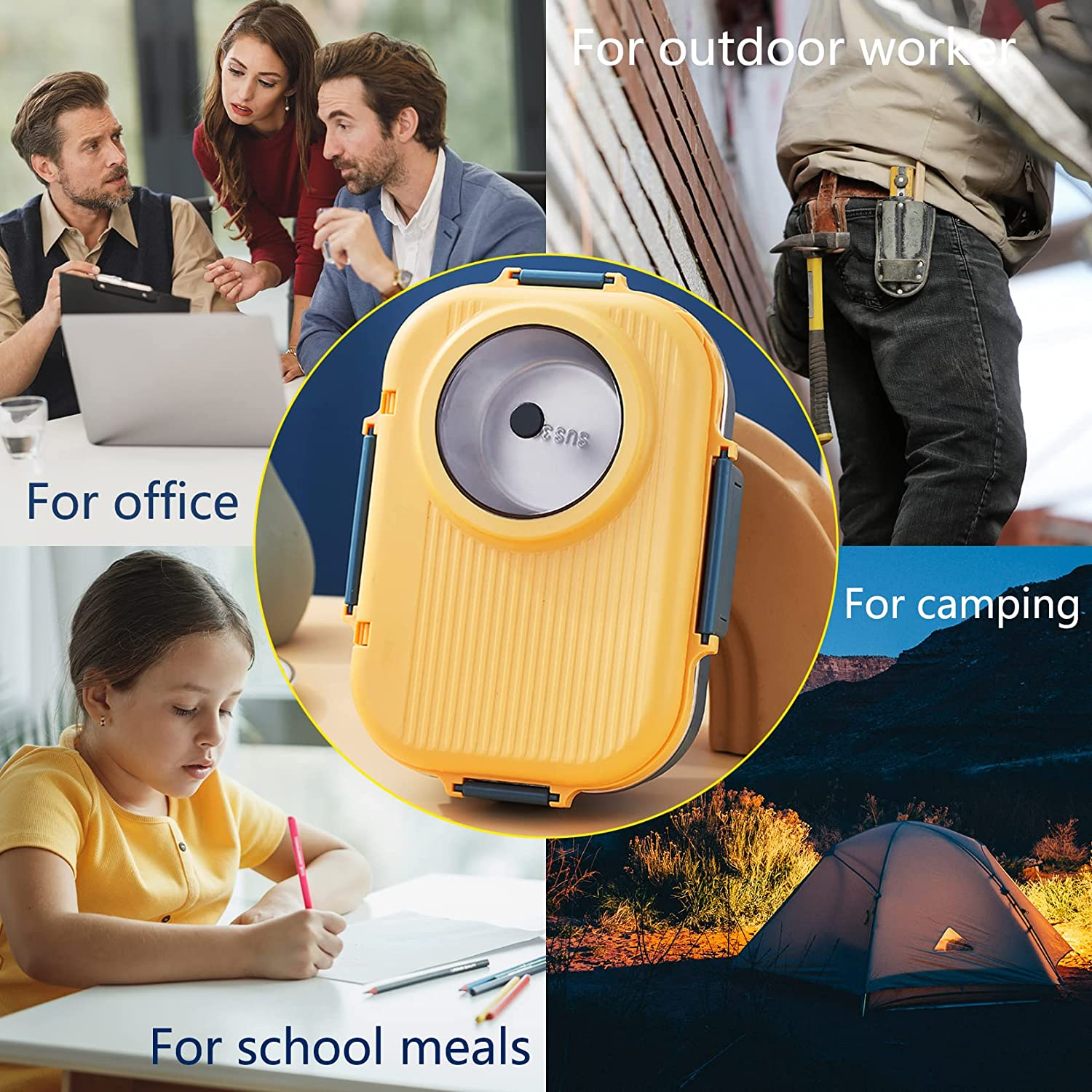 Bento Lunch Box, 3 Compartments Stainless Steel, Leak-Proof with Bowl, Water Fillable, BPA Free, Suitable for Camping, School, Office