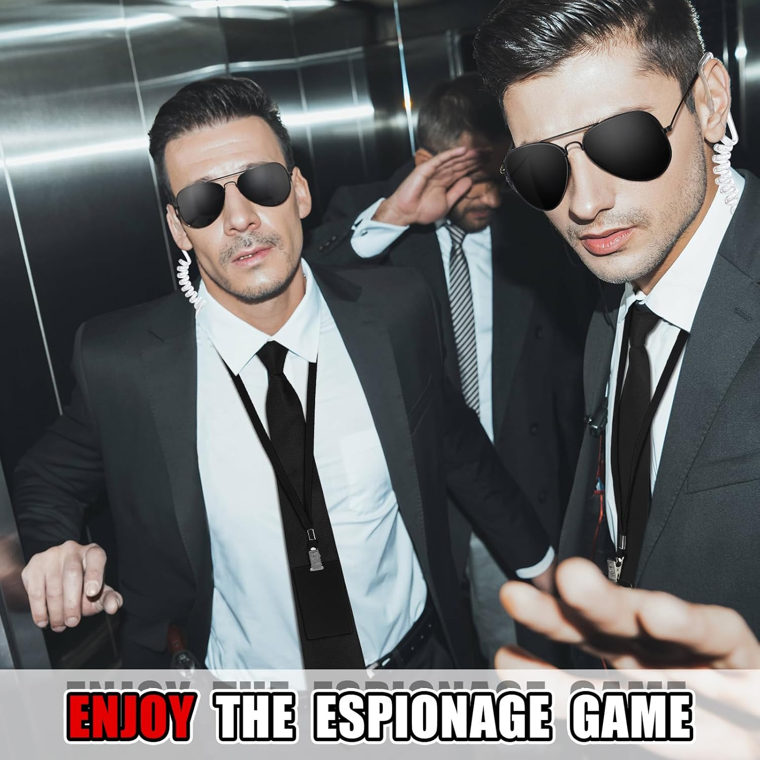 Mepase Set of 10 Agent Costume Accessory Kit Secret Security Guard Costume Adjustable Pretied Zipper Tie Black Sunglasses ID Badge Prop Earpiece for Men Halloween Party Cosplay Game, as Shown in The image number 1
