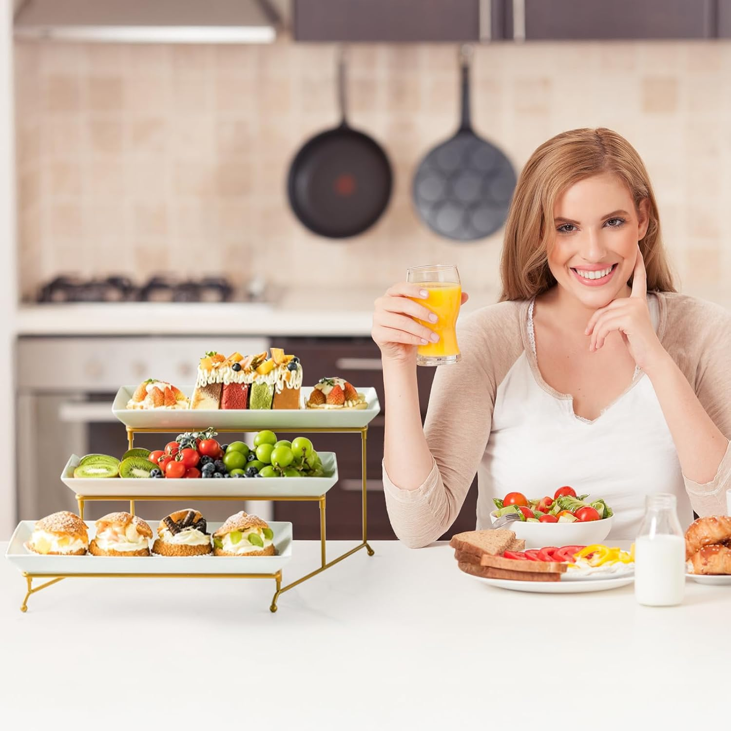 Top G 3 Tier Serving Tray with Stand,Cake Stands Porcelain Tiered Serving Platters Dishes with Collapsible Sturdier Rack, Dessert Display Stand for Party Entertaining, Food Presentation, Gold,14Inch image number 6