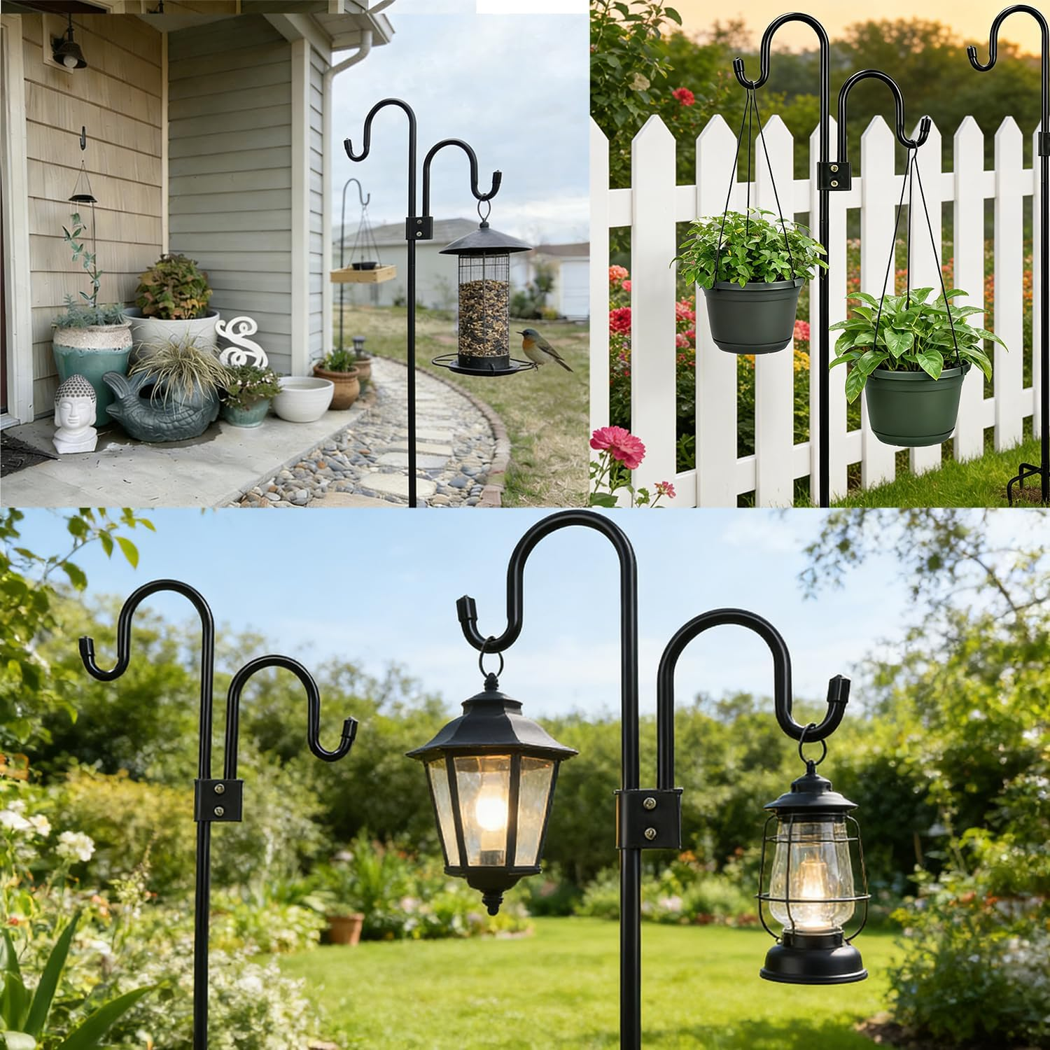 Double Shepherds Hooks for Outdoor, Adjustable Bird Feeder Pole 72 to 193Cm with 5-Prong Base, Heavy Duty Garden Shepards Hooks for Outdoor Plant Hanger, Wedding Decoration, Bird Feeder (76) image number 2