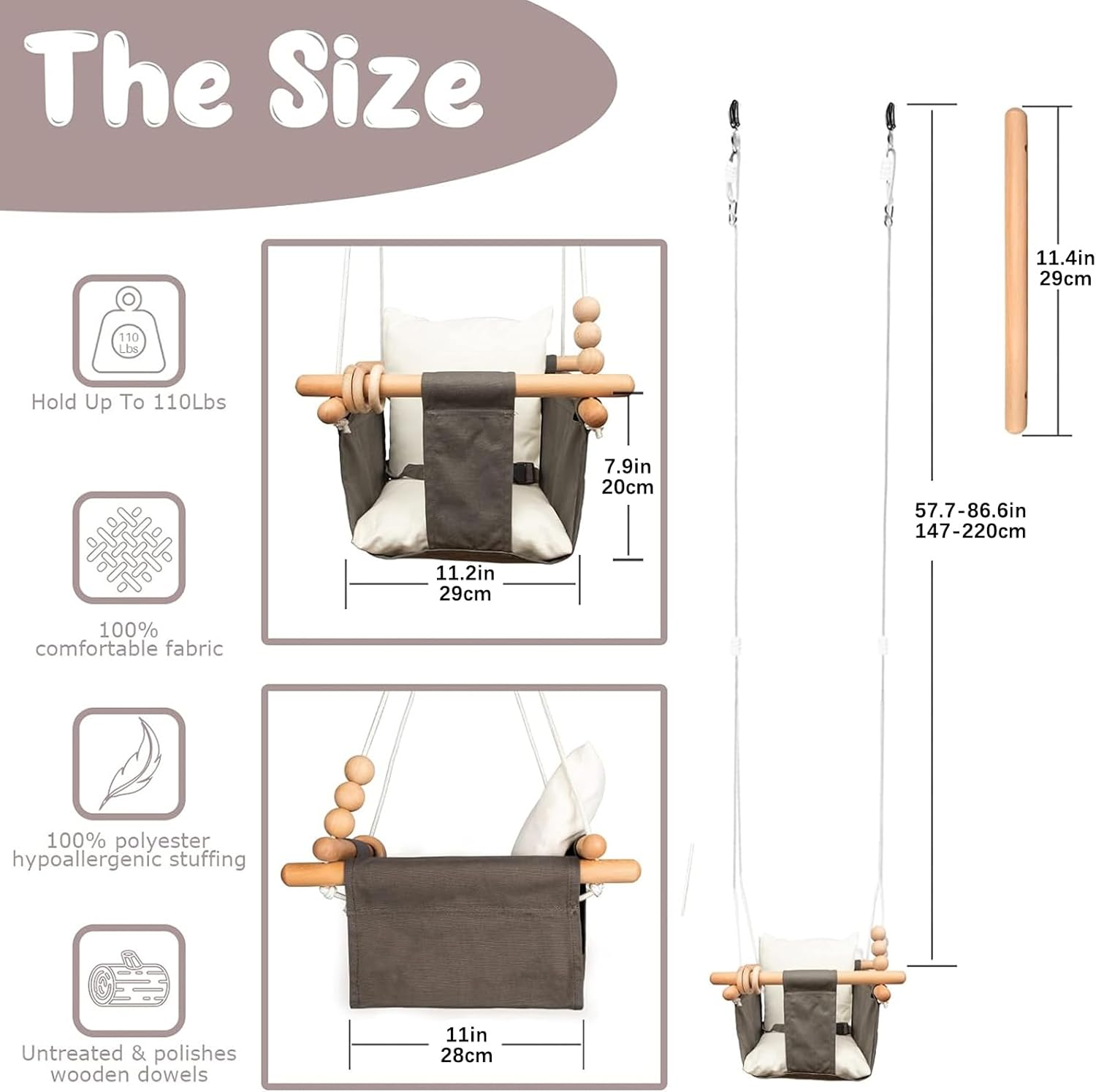 Baby Swing Seat, Visuivit Durable Canvas Hanging Swing for Outdoor/Indoor Use with Canvas Cushion & Safety Belt, Swing Sets for Baby Hammock Toy Backyard (White & Grey)