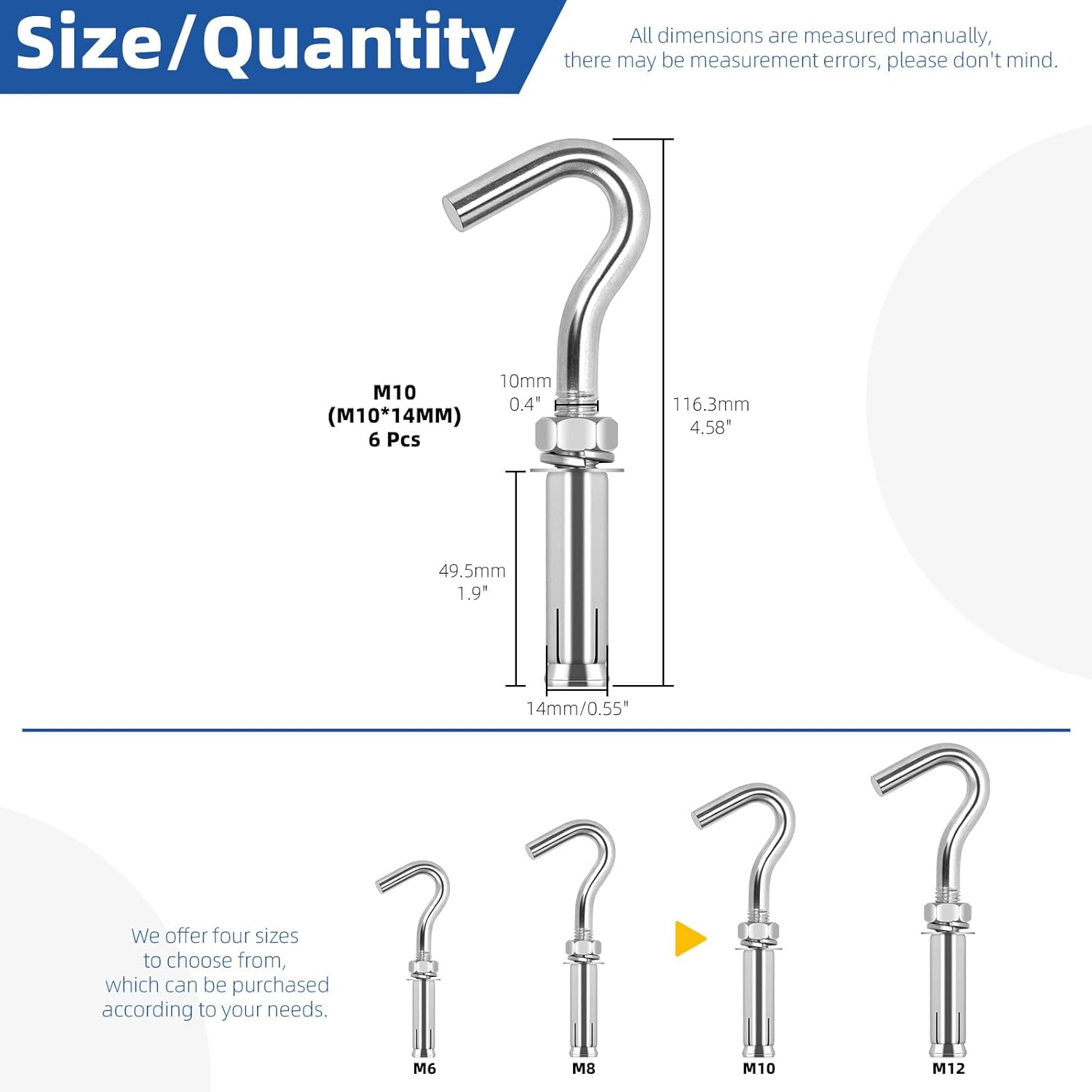 Glarks 6Pcs M10 Expansion Hook Set, 304 Stainless Steel Open Cup Hook Screw, Heavy Duty Concrete Hook, Expansion Screw in Hooks, Concrete Wall Hook for Concrete Brick Stone Ceiling Hanging image number 4