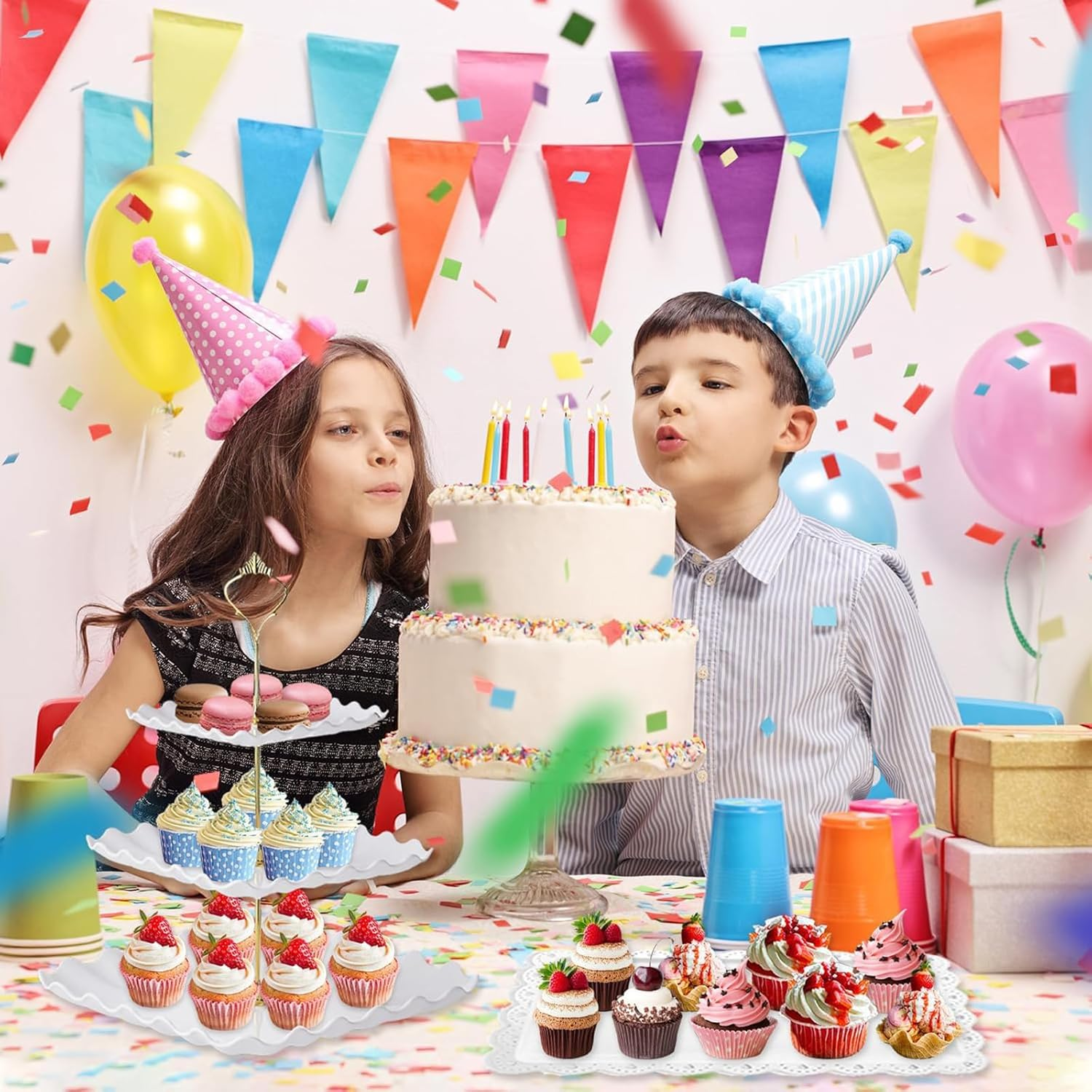 12 Pcs Dessert Table Display Set, Dessert Cupcake Stand,4 Pcs 3 Tier Cupcake Stand Tower Holder and 6 Pcs Serving Tray and 2 Tongs for Tea Party Birthday Baby Bridal Shower Party image number 3