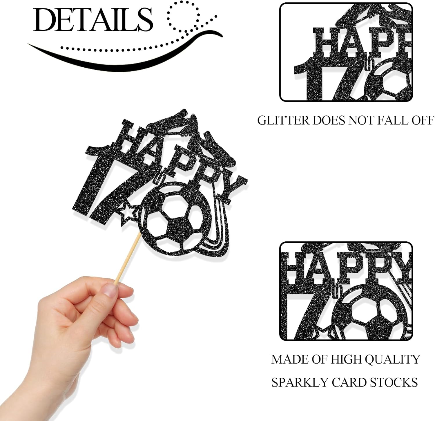 Monmon & Craft Soccer 17Th Birthday Cake Topper/Sport Theme Soccer Ball Cake Docer/Soccer Player Boy 17Th Birthday Party Decorations - Black Glitter image number 4