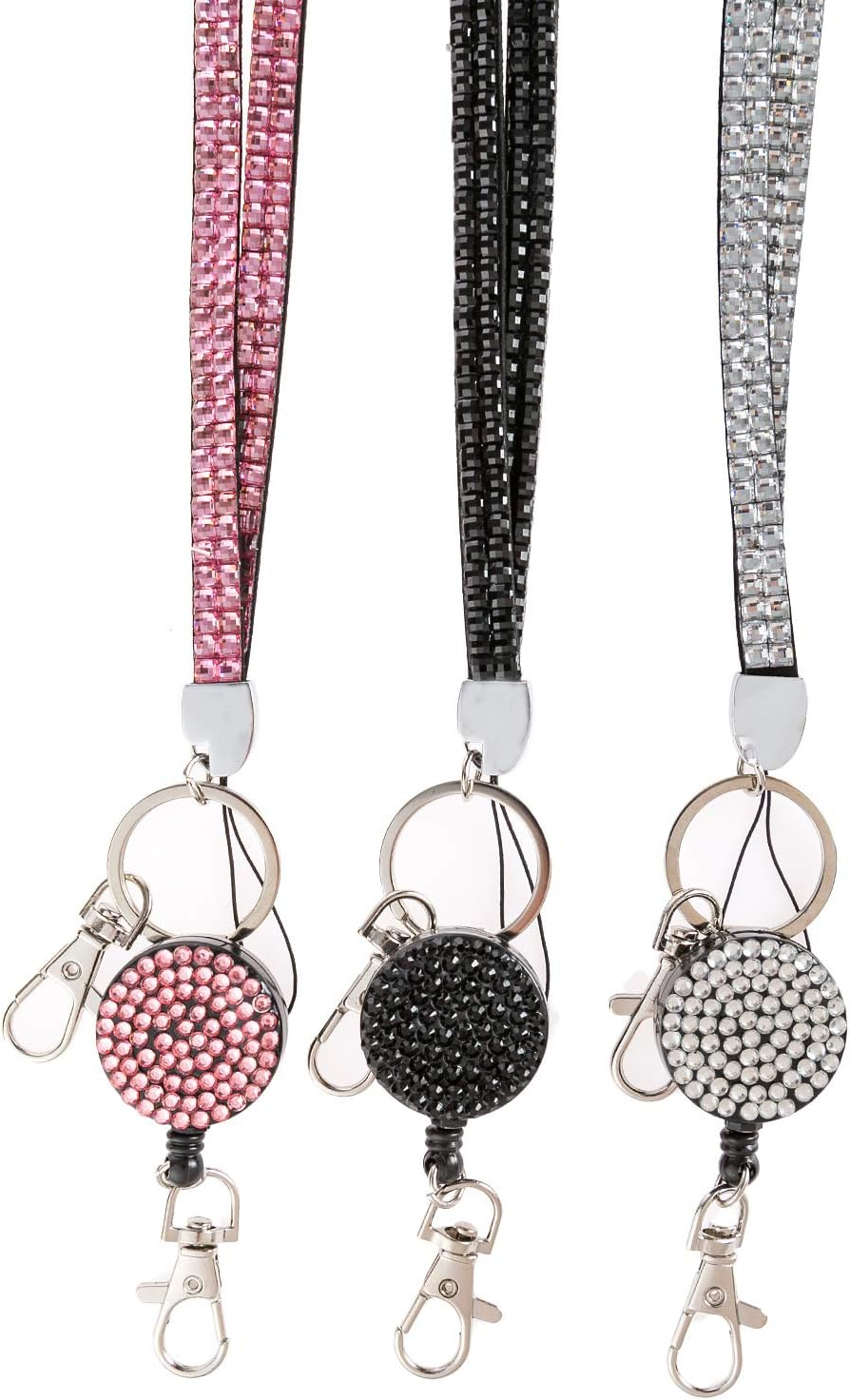 Hot 3PCS Pack 32" All around Bling Crystal Leather Neck Strap Lanyard W/Retractable Badge Reel for ID Badge Keys Holder Cute Rhinestone Gift Id/Name Badge Holder(3X) image number 4