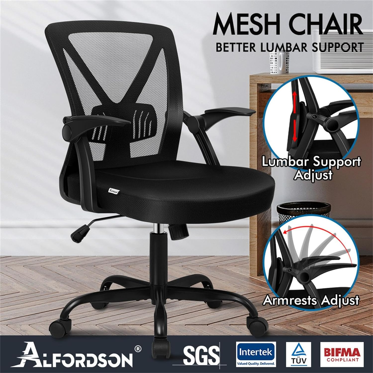 ALFORDSON Mesh Office Chair with Tilt and Height Adjustment, Mid-Back Executive Swivel Fabric Chair with Lumbar Support & Flip-Up Armrest, Gaming Racing Computer Desk Chair for Home Office, All Black image number 5