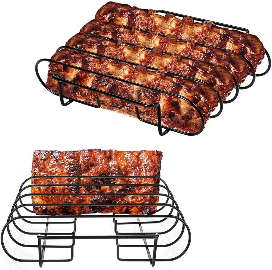 BBQ Rib Rack, Non-Stick Carbon Steel Roasting Stand for Smoking, Gas or Charcoal Grill Holds up to 5 Back Ribs Smoker Rack for Grilling and Barbecue (Black) image number 4